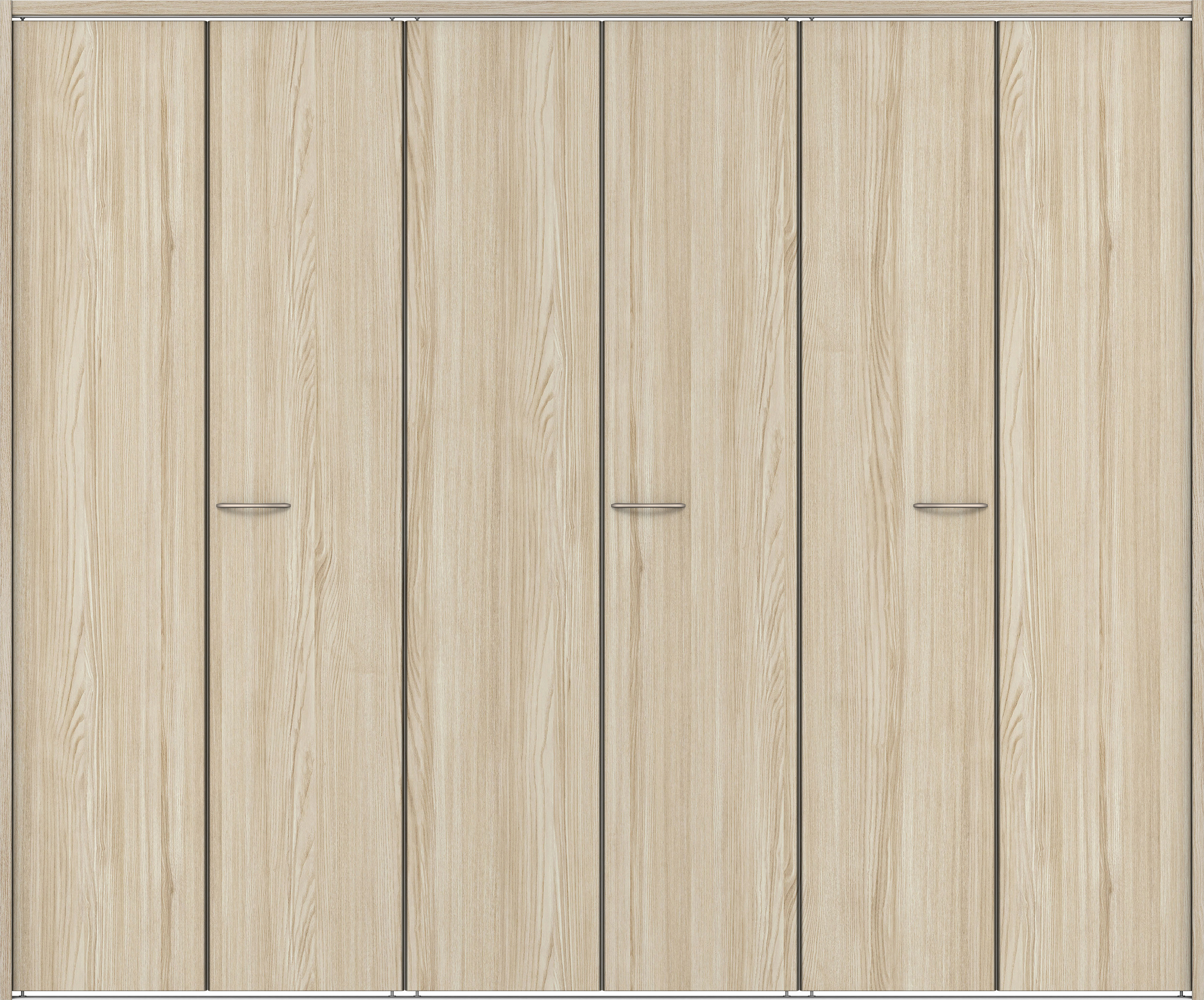 クローク収納　イエリア　折戸ユニット　フラット縦木目タイプ　ウッド扉　下レール付三方枠（固定枠）　セット　２４５０幅（９尺間口）　２０３５高　〈ソフトグレージュ柄〉　ハンドルラウンド型〈Ｔシルバー色〉