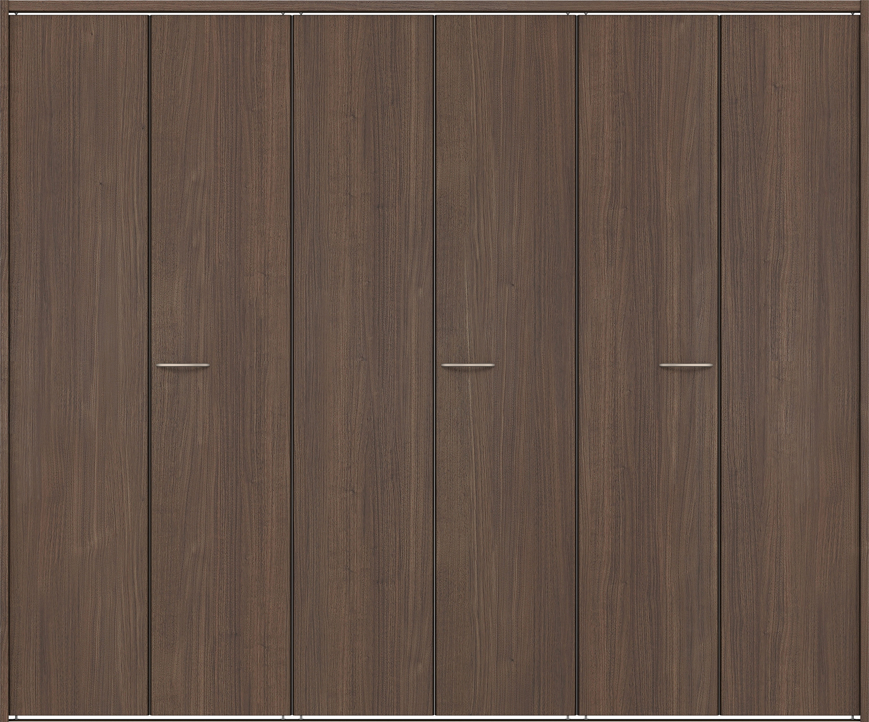 クローク収納　イエリア　折戸ユニット　フラット縦木目タイプ　ウッド扉　下レール付三方枠（固定枠）　セット　２４５０幅（９尺間口）　２０３５高　〈ダルブラウン柄〉　ハンドルラウンド型〈Ｔシルバー色〉