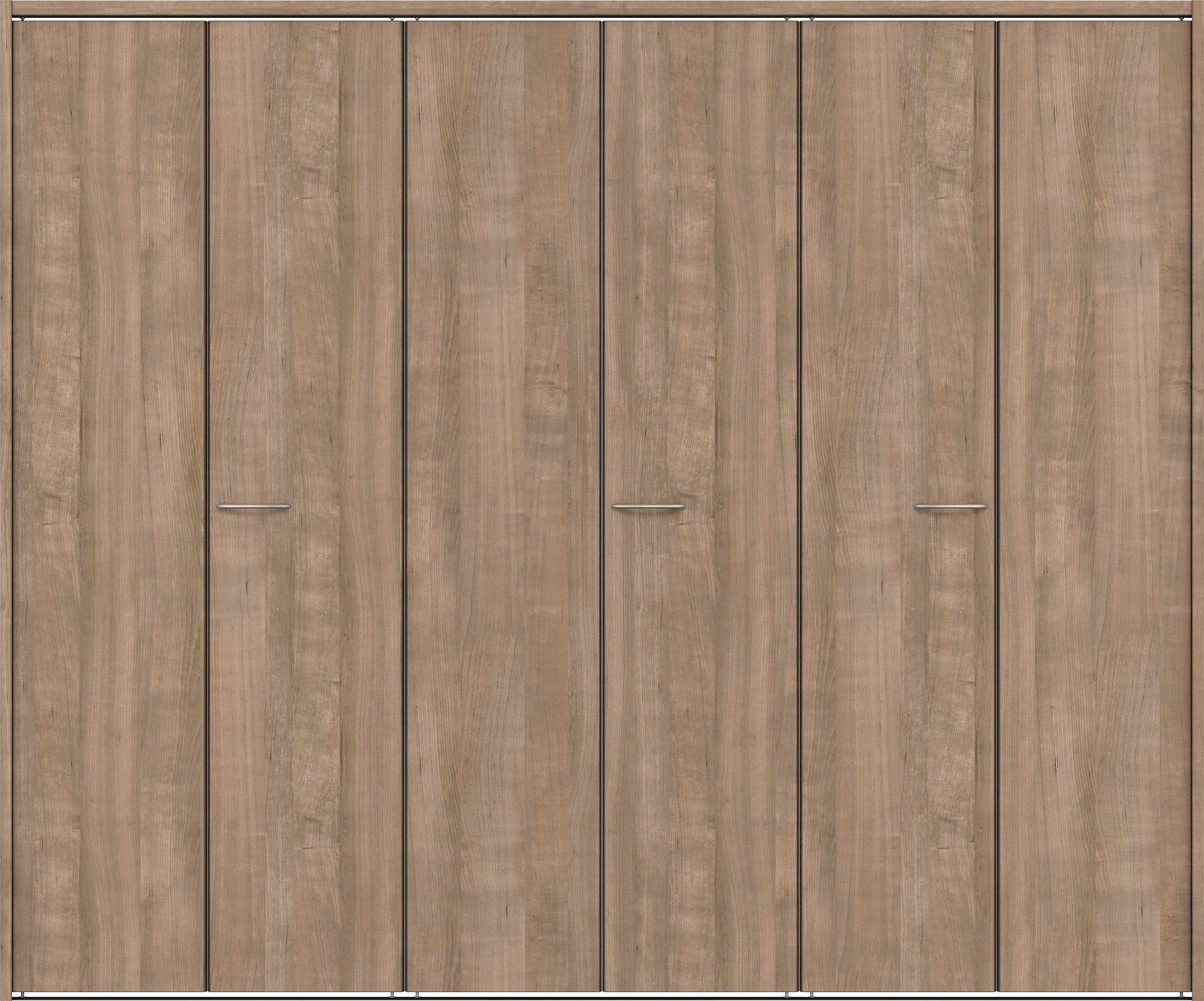 クローク収納　イエリア　折戸ユニット　フラット縦木目タイプ　ウッド扉　下レール付三方枠（固定枠）　セット　２４５０幅（９尺間口）　２０３５高　〈トープグレー柄〉　ハンドルラウンド型〈Ｔシルバー色〉