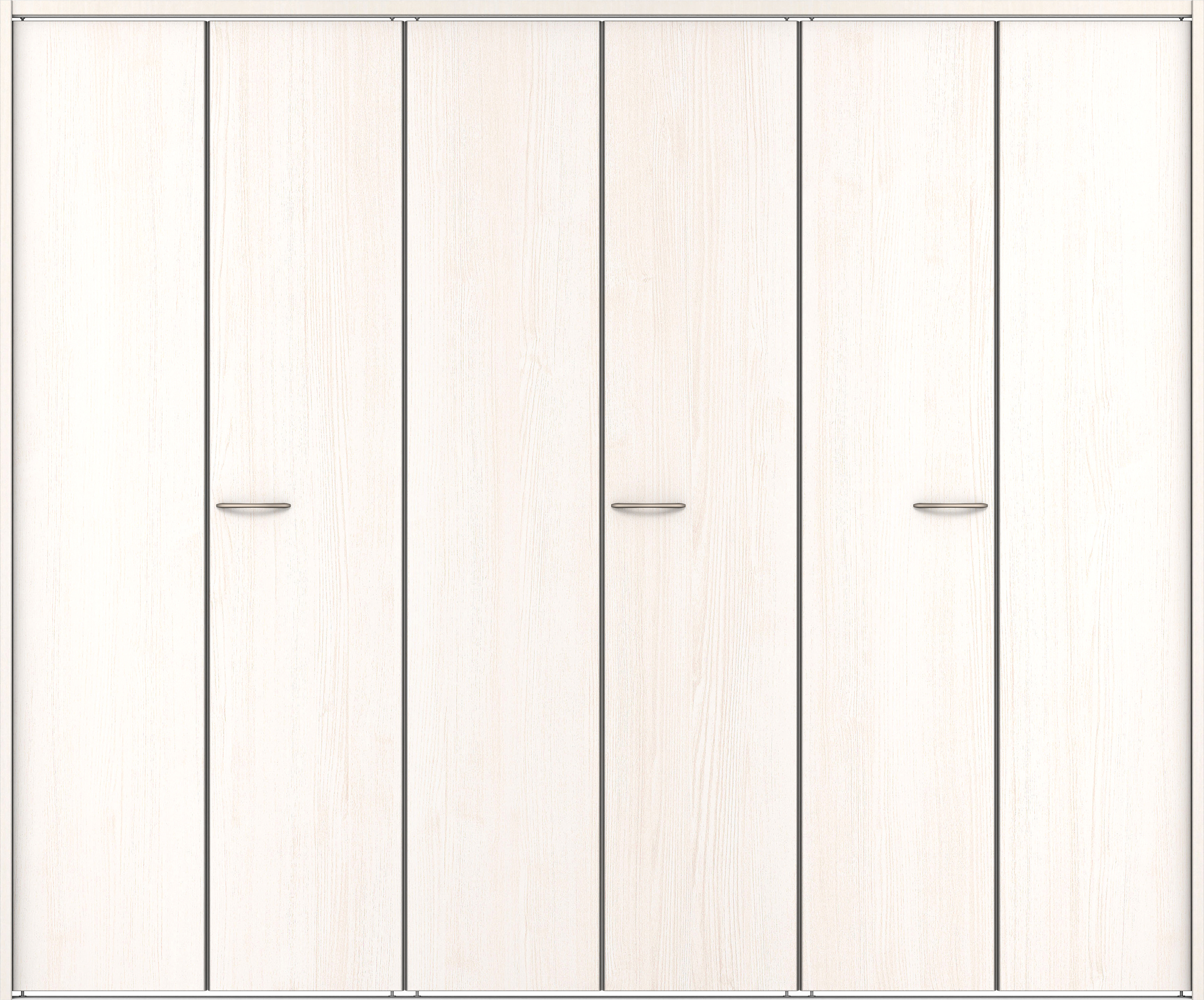 クローク収納　イエリア　折戸ユニット　フラット縦木目タイプ　ウッド扉　下レール付三方枠（固定枠）　セット　２４５０幅（９尺間口）　２０３５高　〈ネオホワイト柄〉　ハンドルラウンド型〈Ｔシルバー色〉