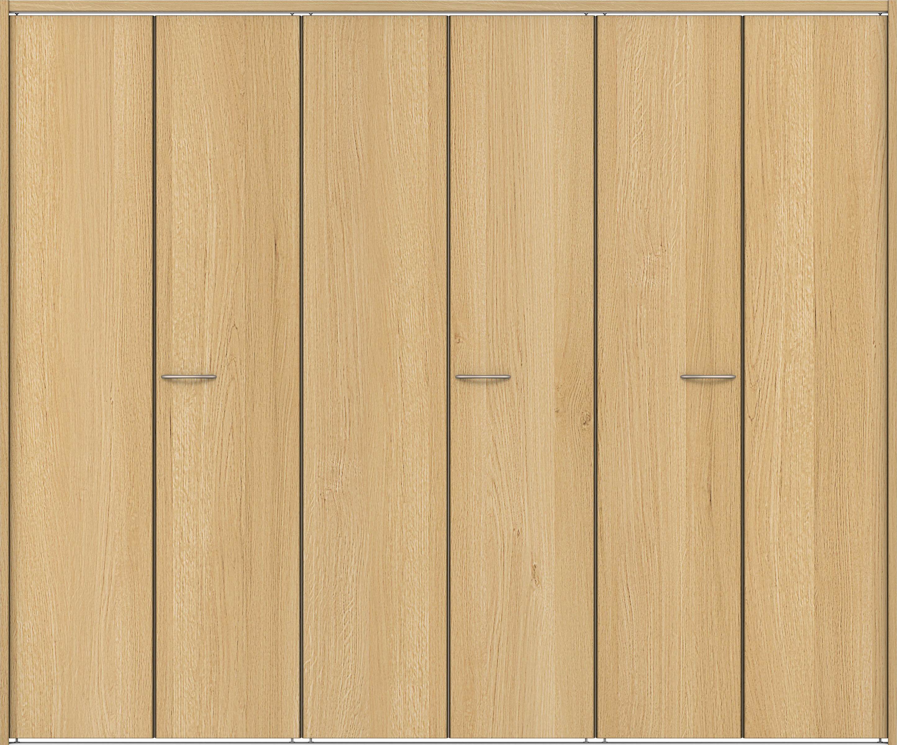 クローク収納　イエリア　折戸ユニット　フラット縦木目タイプ　ウッド扉　下レール付三方枠（固定枠）　セット　２４５０幅（９尺間口）　２０３５高　〈ライトオーカー柄〉　ハンドルラウンド型〈Ｔシルバー色〉