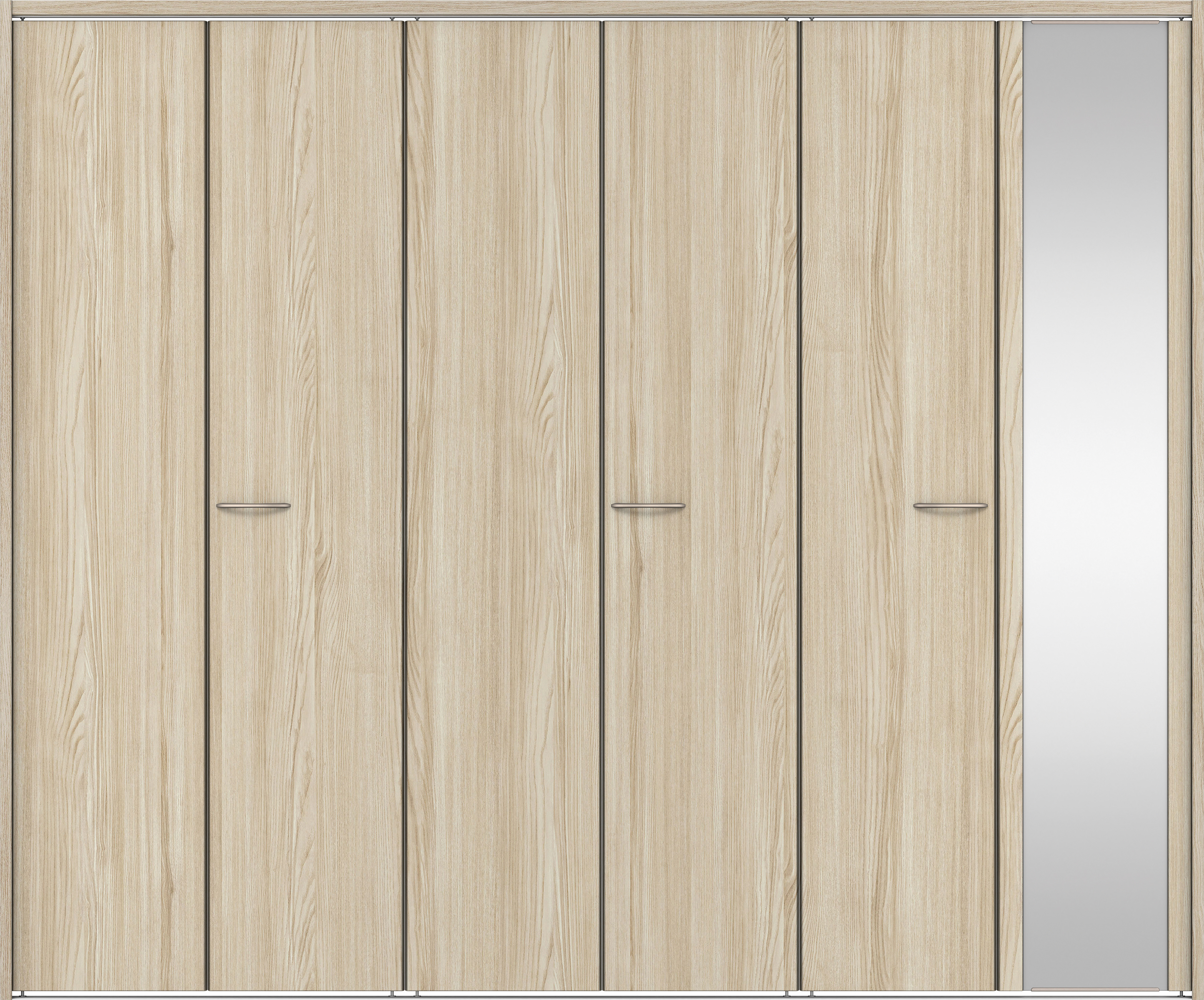 クローク収納　イエリア　折戸ユニット　フラット縦木目タイプ　ミラー扉　下レール付三方枠（固定枠）　セット　２４５０幅（９尺間口）　２０３５高　〈ソフトグレージュ柄〉　ハンドルラウンド型〈Ｔシルバー色〉