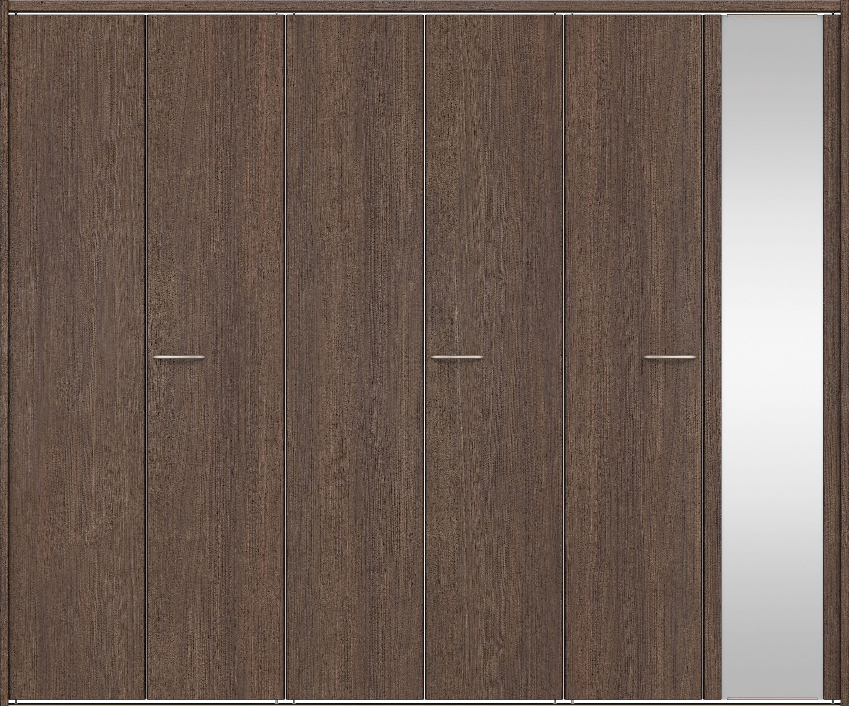 クローク収納　イエリア　折戸ユニット　フラット縦木目タイプ　ミラー扉　下レール付三方枠（固定枠）　セット　２４５０幅（９尺間口）　２０３５高　〈ダルブラウン柄〉　ハンドルラウンド型〈Ｔシルバー色〉