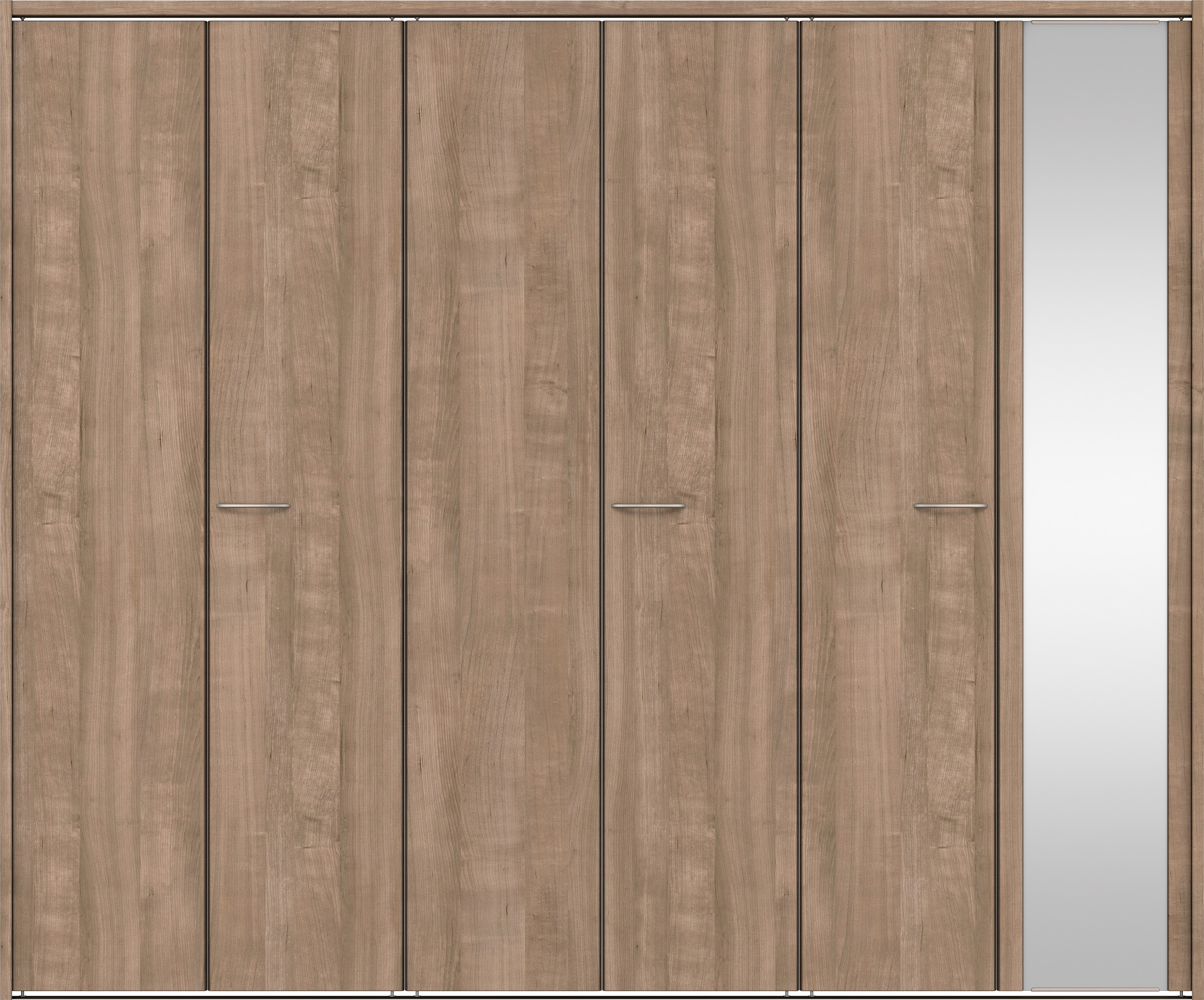 クローク収納　イエリア　折戸ユニット　フラット縦木目タイプ　ミラー扉　下レール付三方枠（固定枠）　セット　２４５０幅（９尺間口）　２０３５高　〈トープグレー柄〉　ハンドルラウンド型〈Ｔシルバー色〉