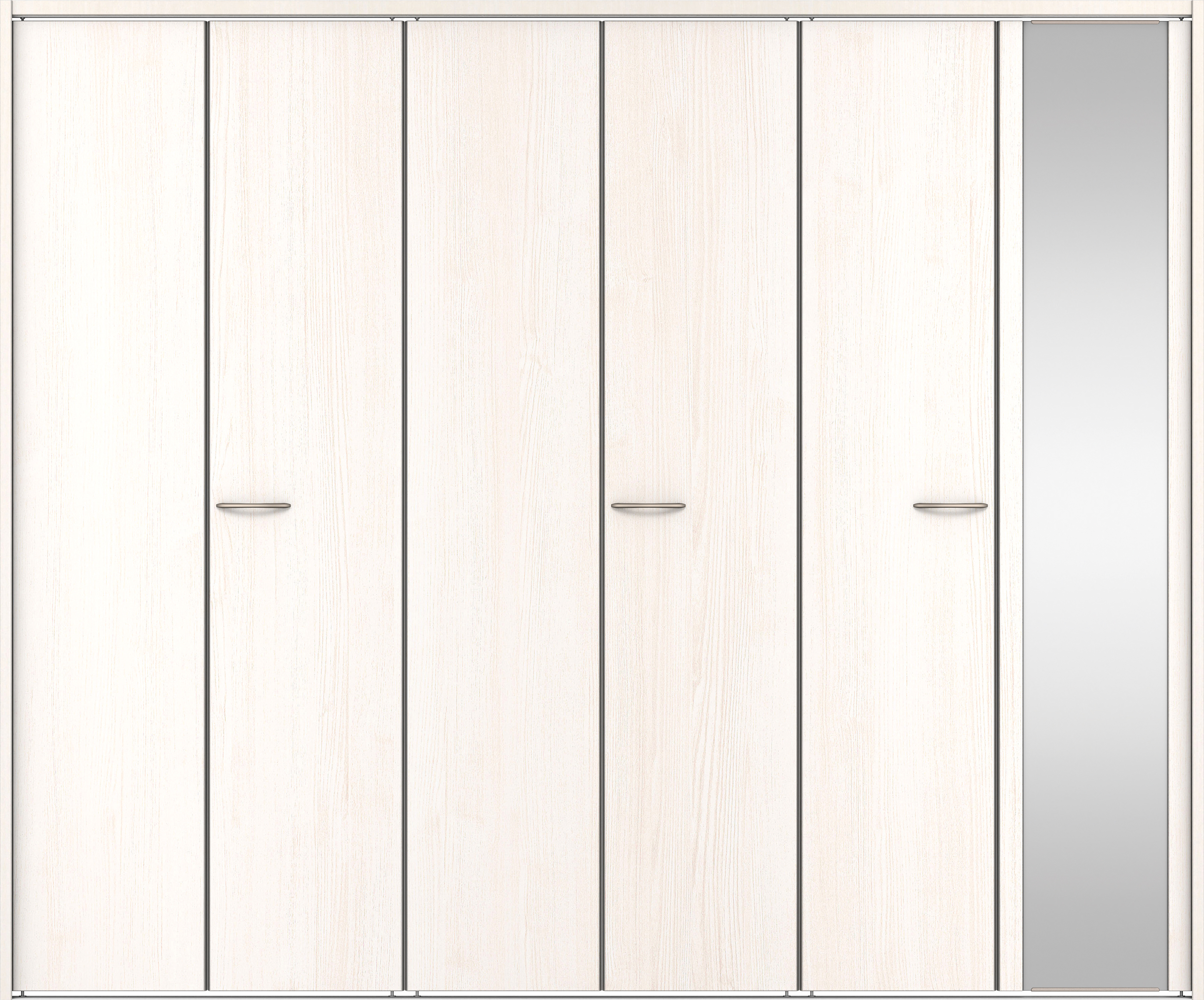 クローク収納　イエリア　折戸ユニット　フラット縦木目タイプ　ミラー扉　下レール付三方枠（固定枠）　セット　２７１４幅（３Ｍ間口）　２３２０高　〈ネオホワイト柄〉　ハンドルラウンド型〈Ｔシルバー色〉