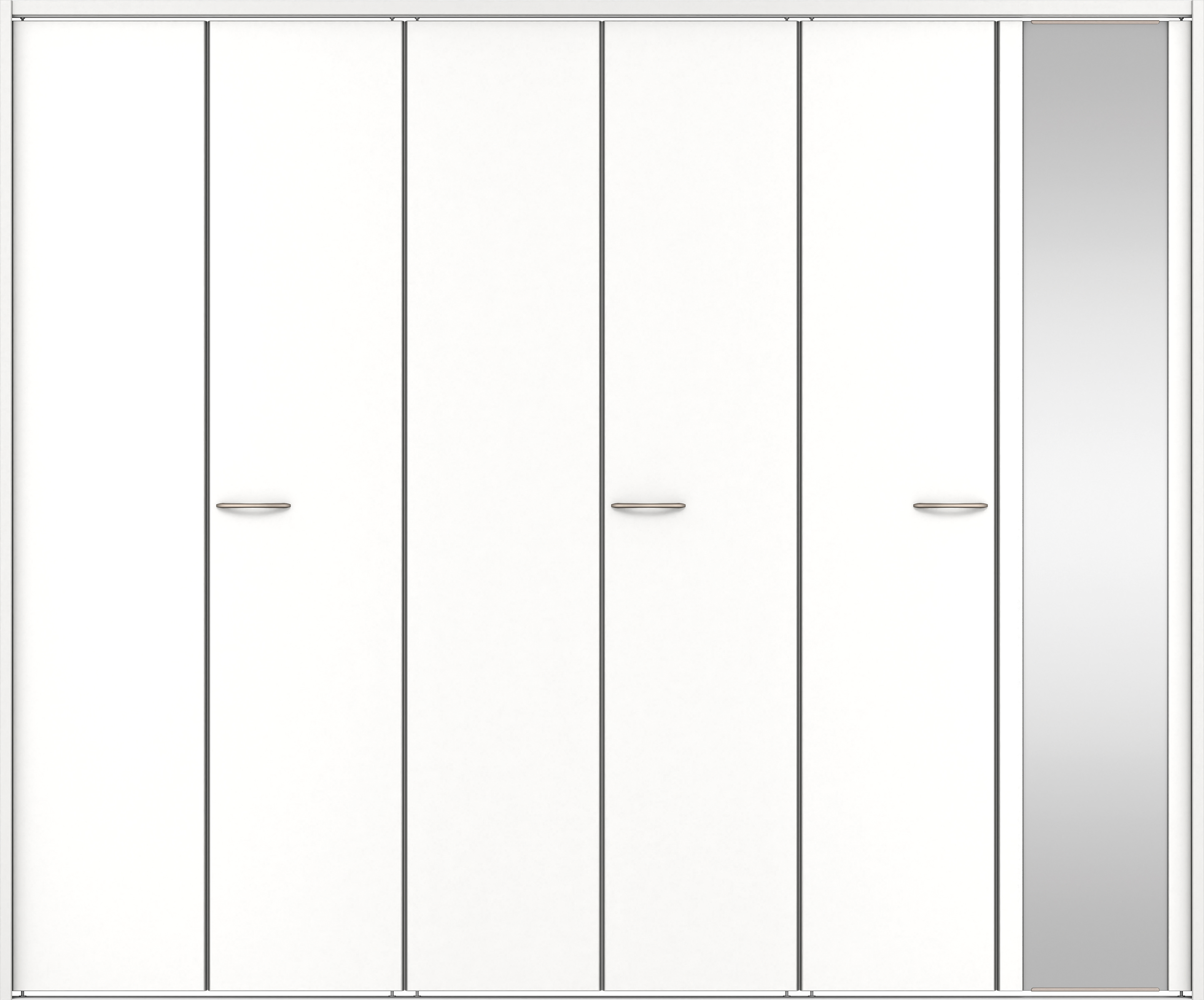 クローク収納　イエリア　折戸ユニット　フラット縦木目　ミラー扉　下レール付三方枠（固定枠）　セット　２４５０幅（９尺間口）　２０３５高　〈パウダーホワイト柄〉　ハンドルラウンド型〈Ｔシルバー色〉