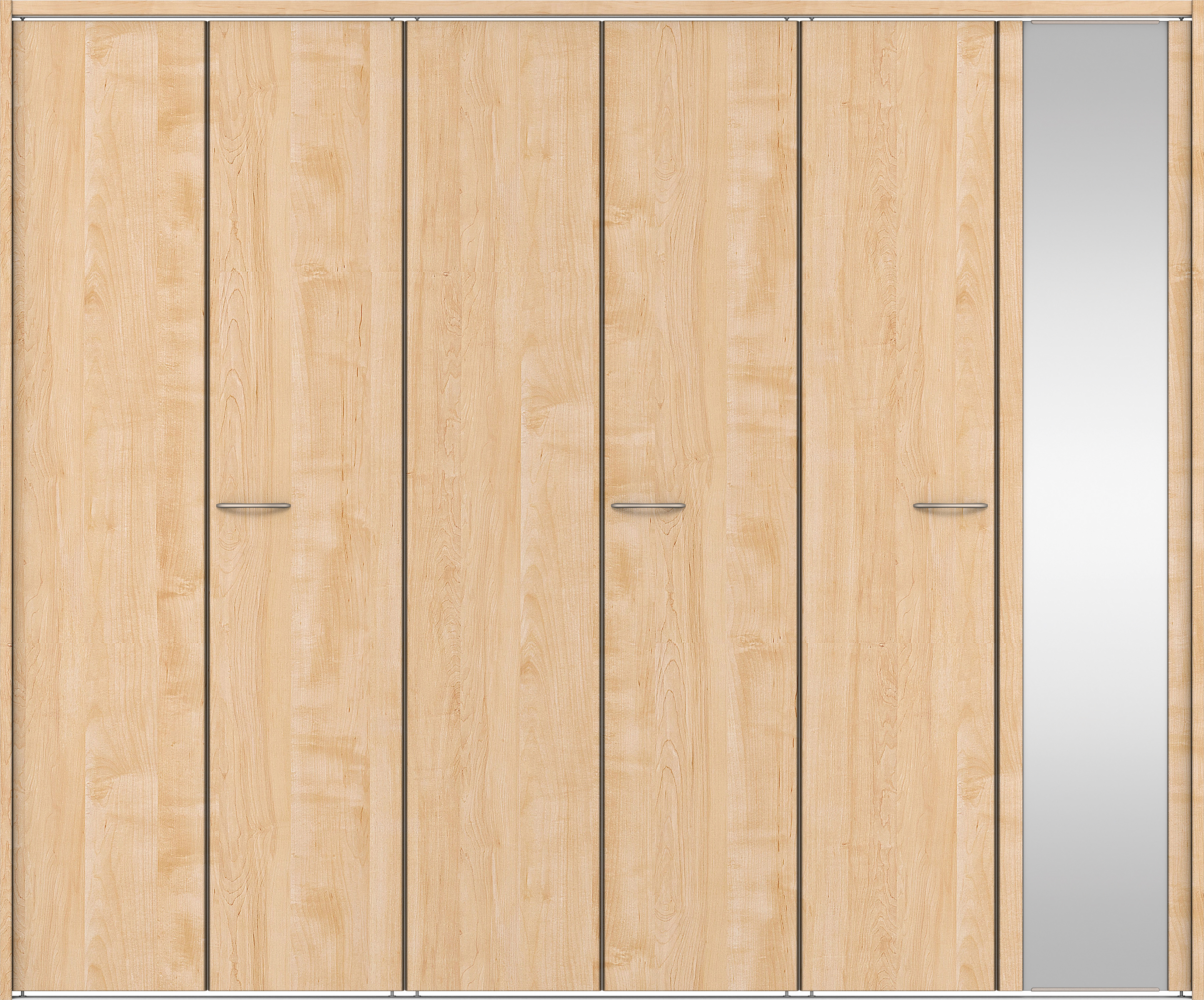 クローク収納　イエリア　折戸ユニット　フラット縦木目タイプ　ミラー扉　下レール付三方枠（固定枠）　セット　２４５０幅（９尺間口）　２０３５高　〈ミルベージュ柄〉　ハンドルラウンド型〈Ｔシルバー色〉