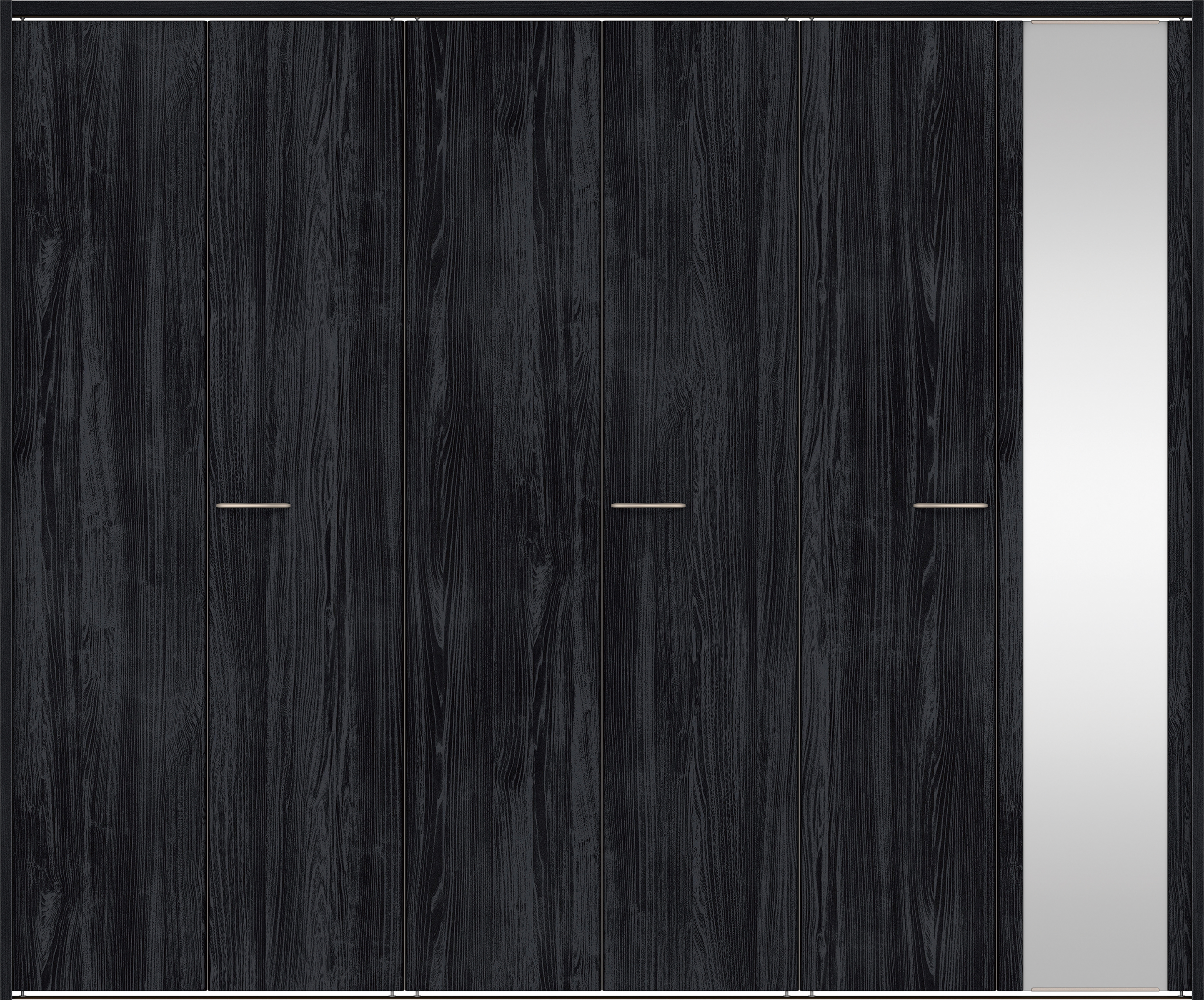 クローク収納　イエリア　折戸ユニット　フラット縦木目タイプ　ミラー扉　下レール付三方枠（固定枠）　セット　２４５０幅（９尺間口）　２０３５高　〈モスブラック柄〉　ハンドルラウンド型〈Ｔシルバー色〉