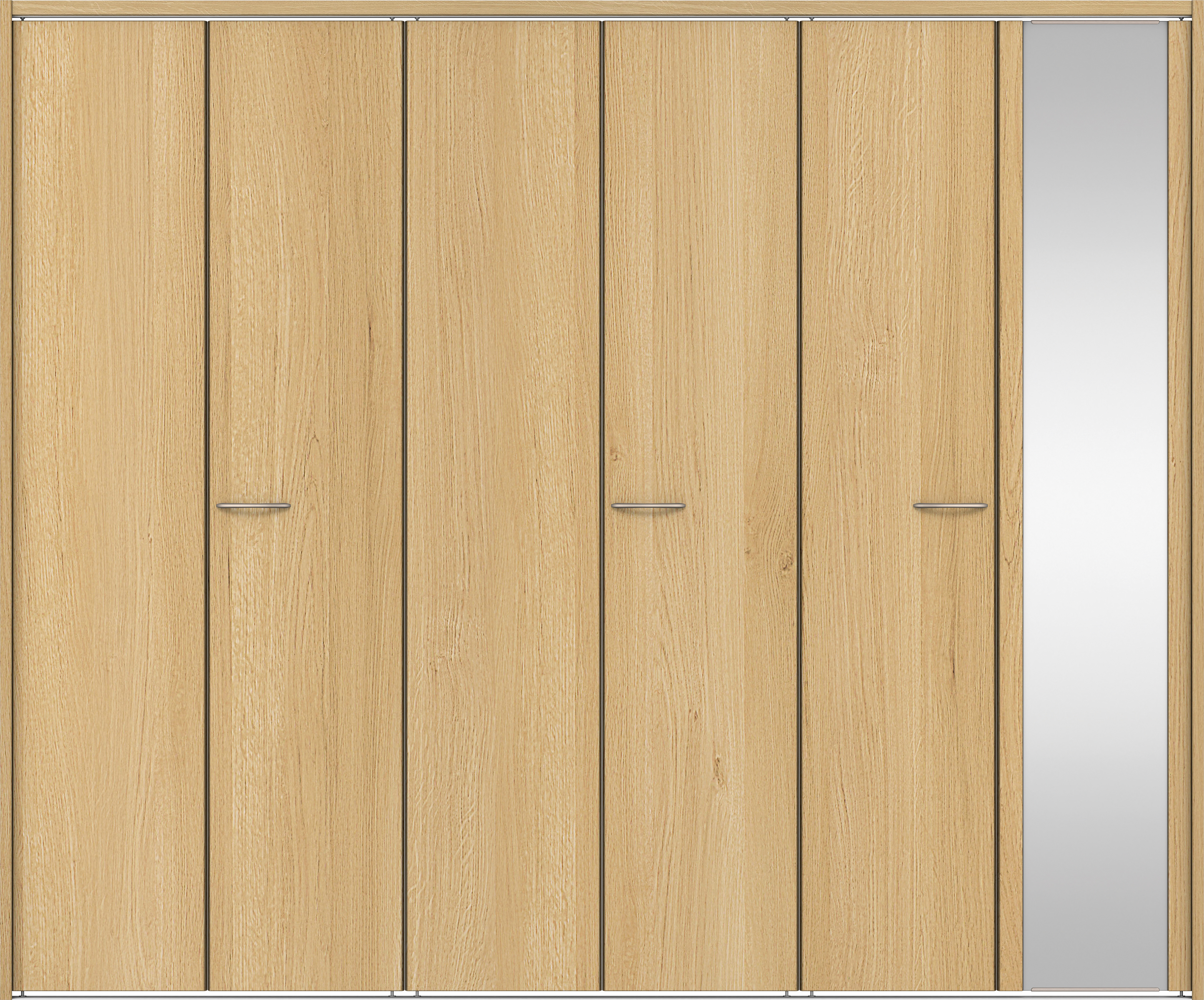 クローク収納　イエリア　折戸ユニット　フラット縦木目タイプ　ミラー扉　下レール付三方枠（固定枠）　セット　２７１４幅（３Ｍ間口）　２３２０高　〈ライトオーカー柄〉　ハンドルラウンド型〈Ｔシルバー色〉