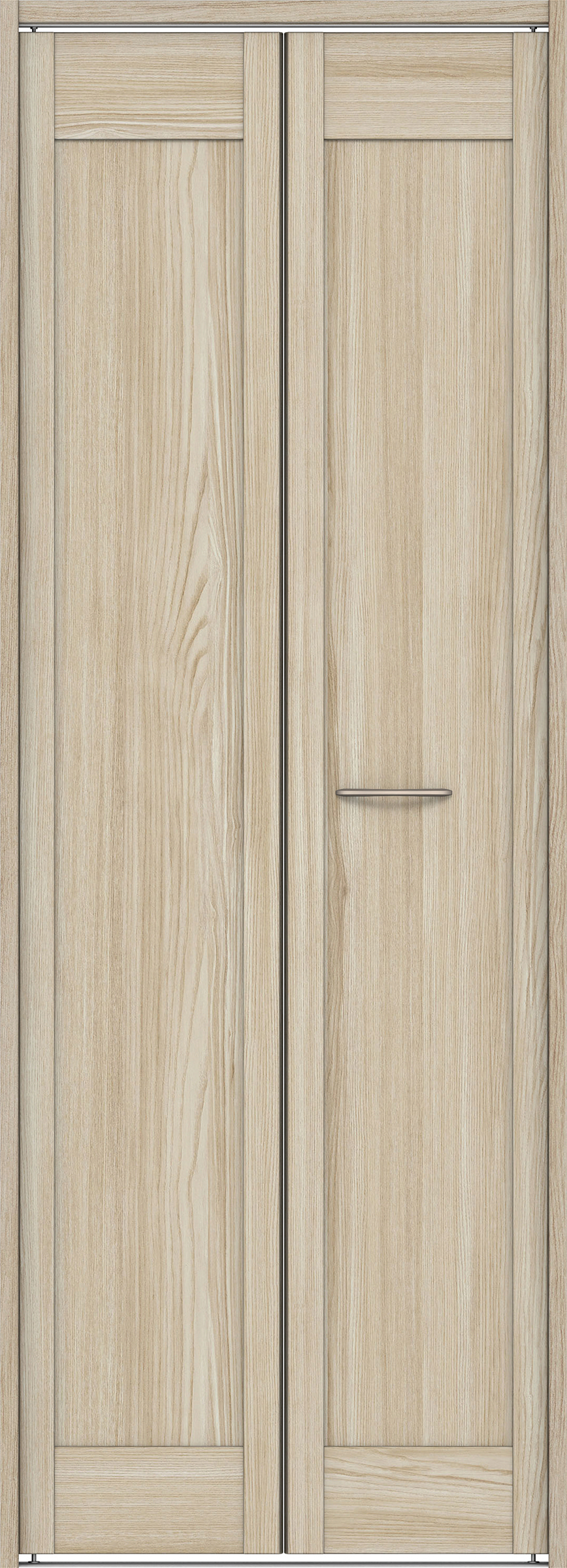 クローク収納　イエリア　折戸ユニット　カマチタイプ　ウッド扉　下レール付三方枠（固定枠）　セット　７３５幅（３尺間口）　２０３５高　〈ソフトグレージュ柄〉　ハンドルラウンド型〈Ｔシルバー色〉