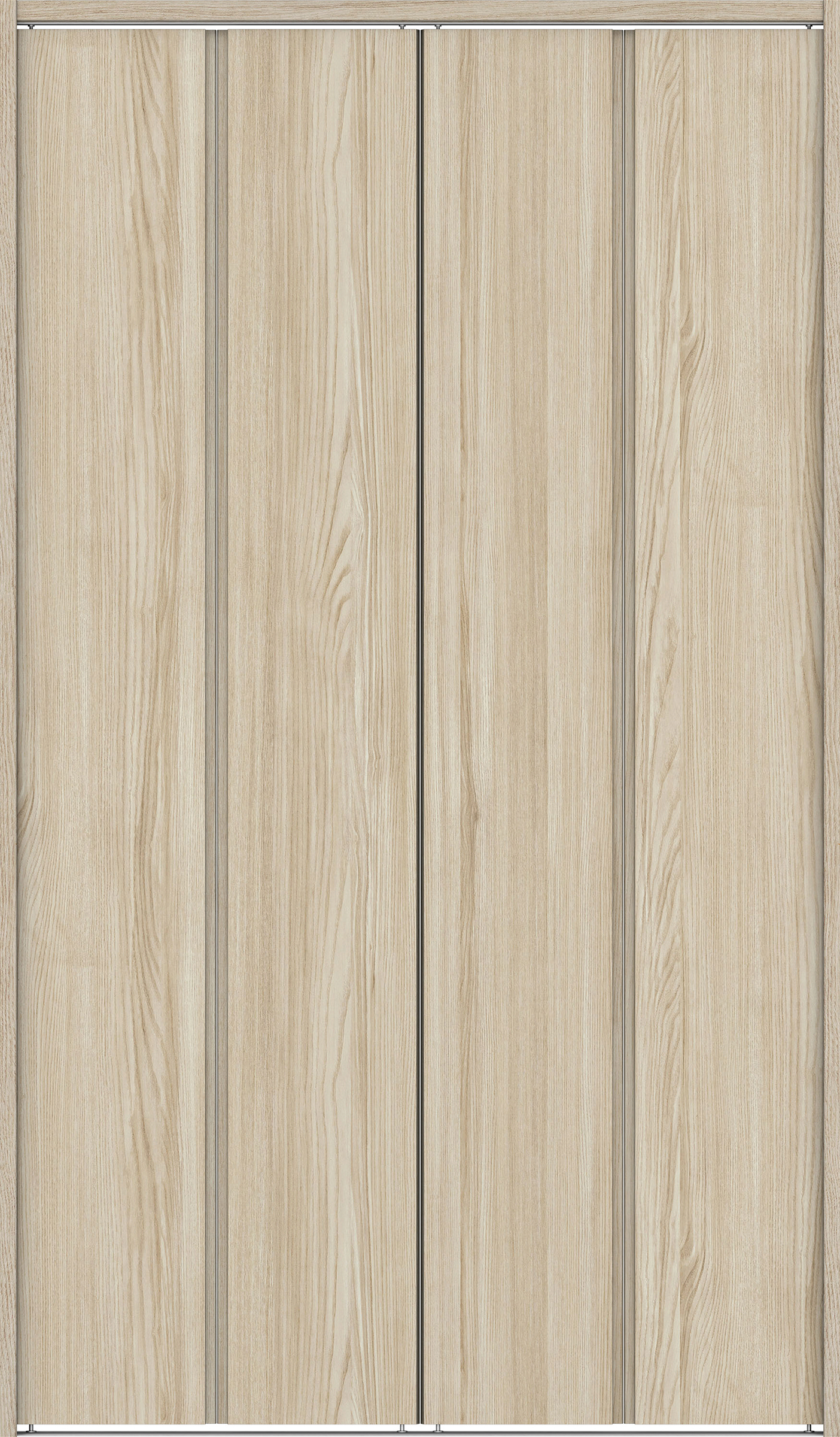 クローク収納　イエリア　折戸ユニット　ハンドルレス縦木目タイプ　ウッド扉　下レール付三方枠（固定枠）　セット　１３２０幅（１．５Ｍ間口）　２０３５高　〈ソフトグレージュ柄〉　ハンドルレス