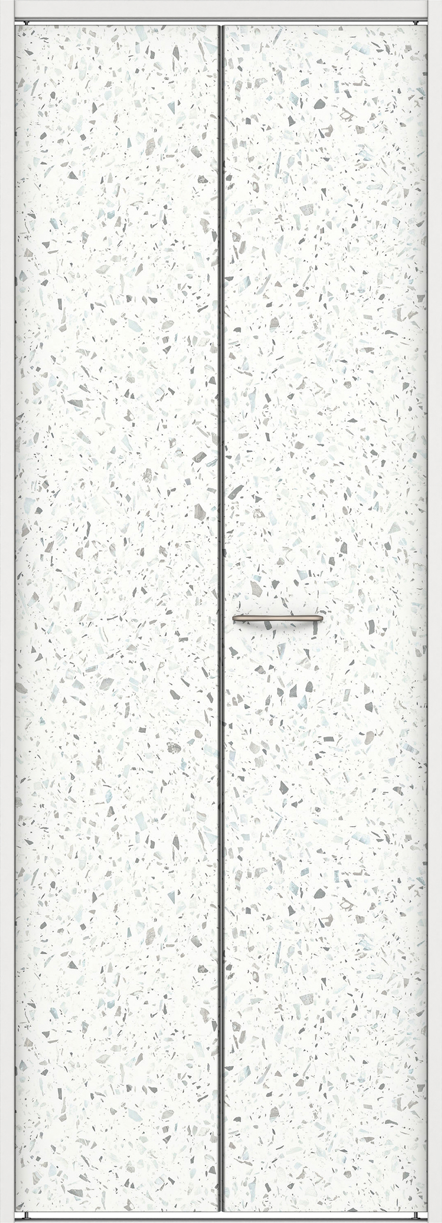 クローク収納　イエリア　折戸ユニット　フラットタイプ　パネル扉　下レール付三方枠（固定枠）　セット　７３５幅（３尺間口）　２０３５高　〈テラゾホワイト柄〉　ハンドル角型〈Ｔシルバー色〉