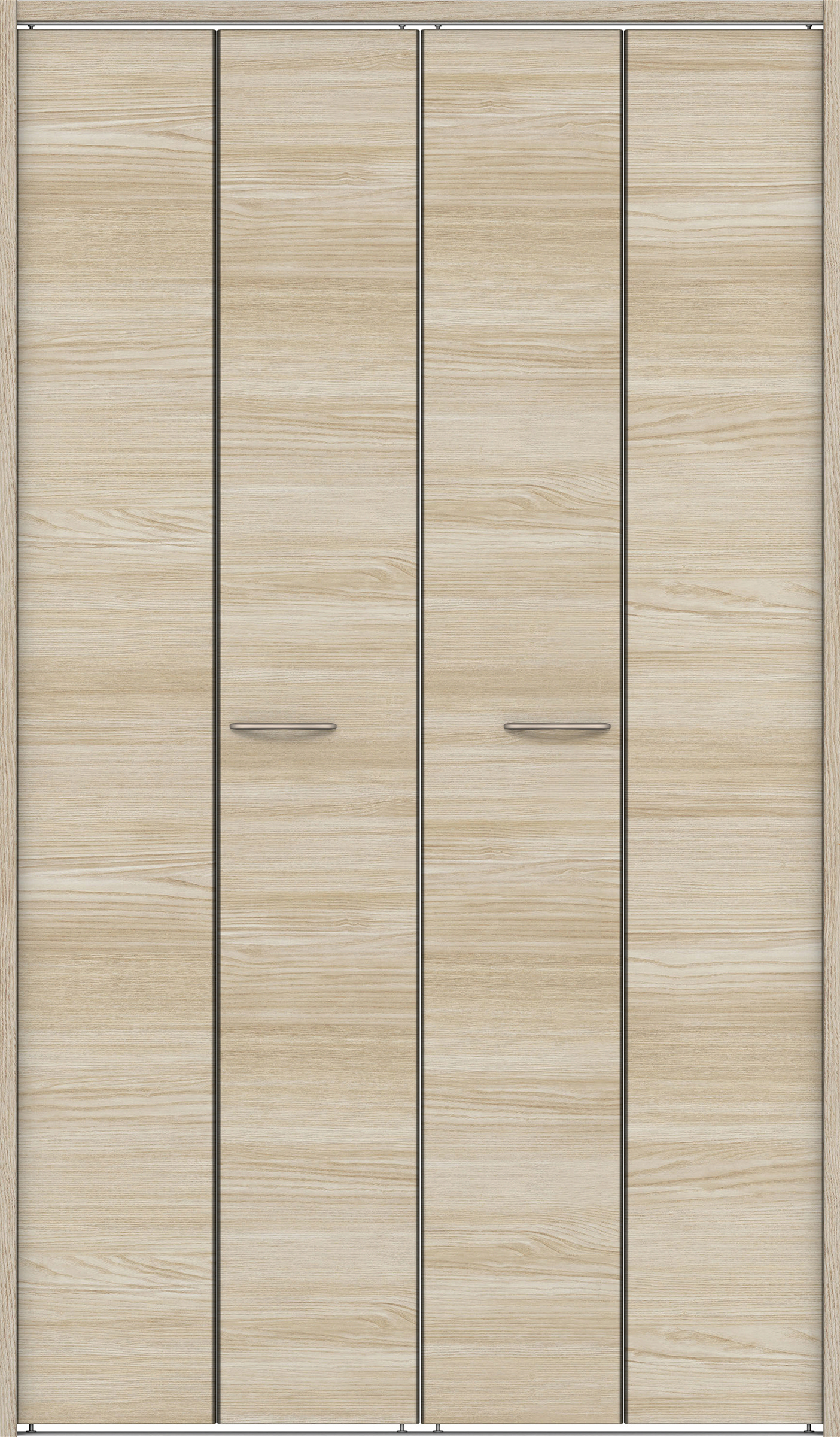 クローク収納　イエリア　折戸ユニット　フラット横木目　ウッド扉　下レール付三方枠（固定枠）　セット　１３２０幅（１．５Ｍ間口）　２０３５高　〈ソフトグレージュ柄〉　ハンドルラウンド型〈Ｔシルバー色〉