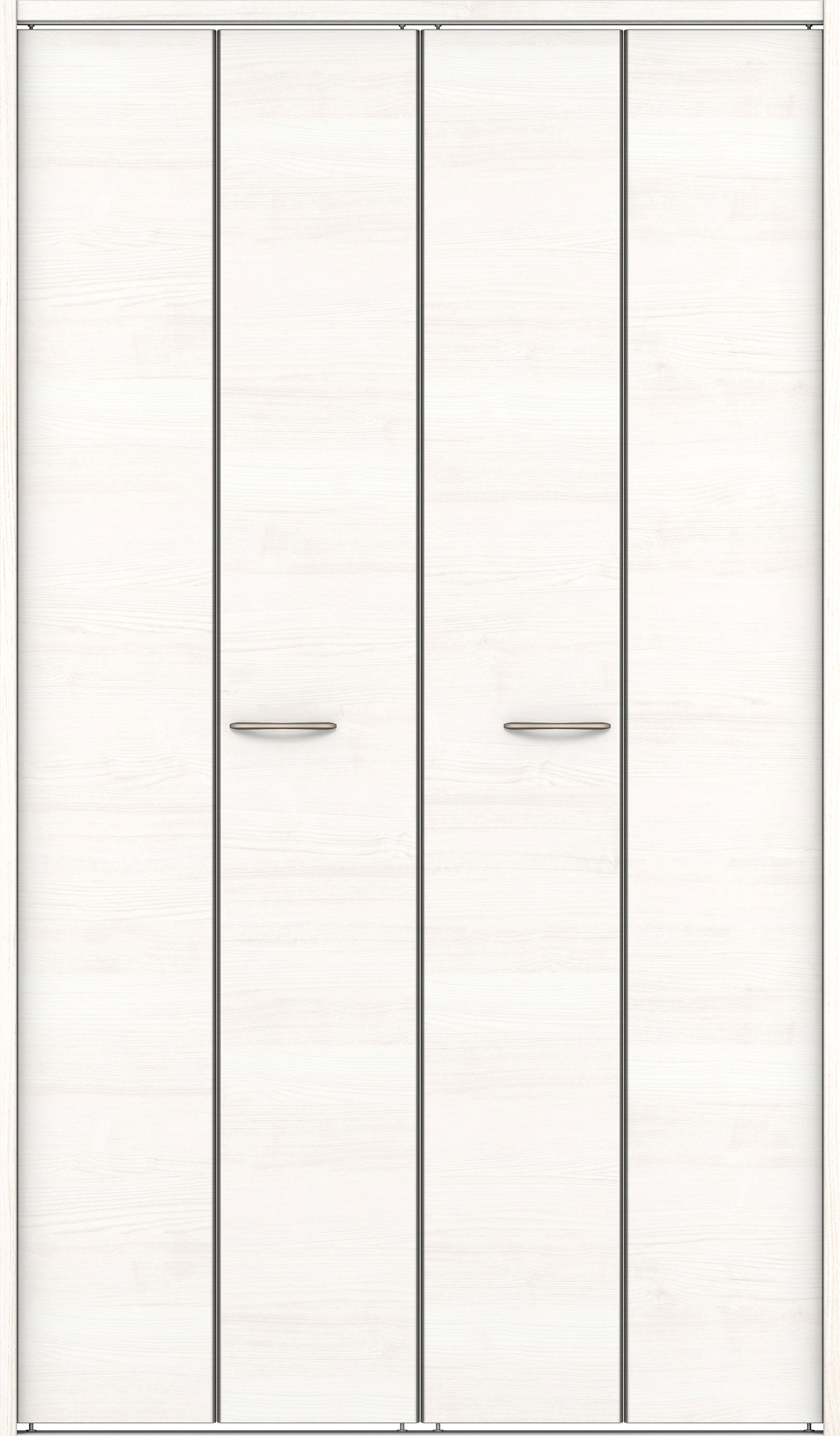 クローク収納　イエリア　折戸ユニット　フラット横木目タイプ　ウッド扉　下レール付三方枠（固定枠）　セット　１３２０幅（１．５Ｍ間口）　２０３５高　〈ネオホワイト柄〉　ハンドルラウンド型〈Ｔシルバー色〉