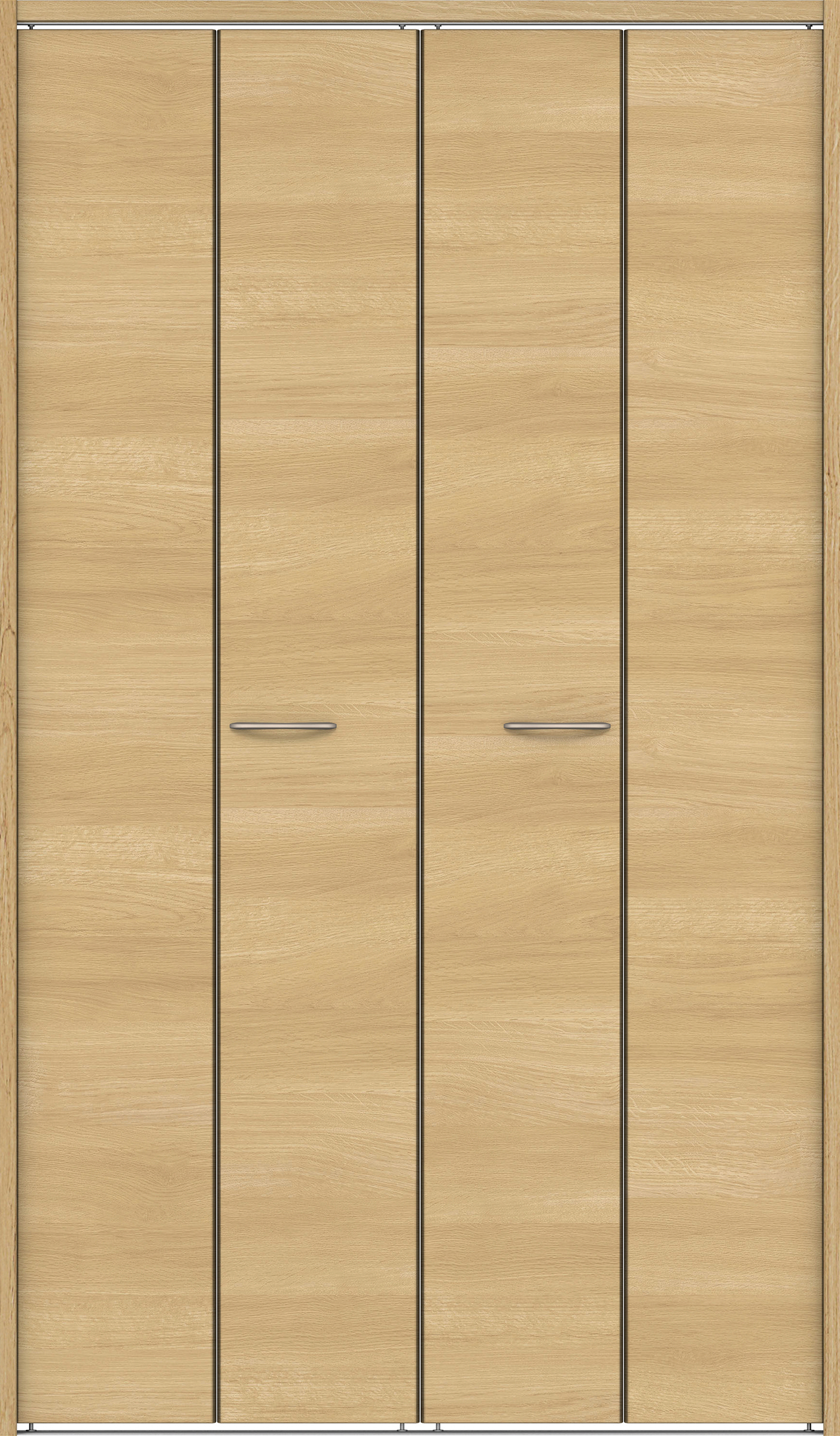 クローク収納　イエリア　折戸ユニット　フラット横木目　ウッド扉　下レール付三方枠（固定枠）　セット　１３２０幅（１．５Ｍ間口）　２０３５高　〈ライトオーカー柄〉　ハンドルラウンド型〈Ｔシルバー色〉