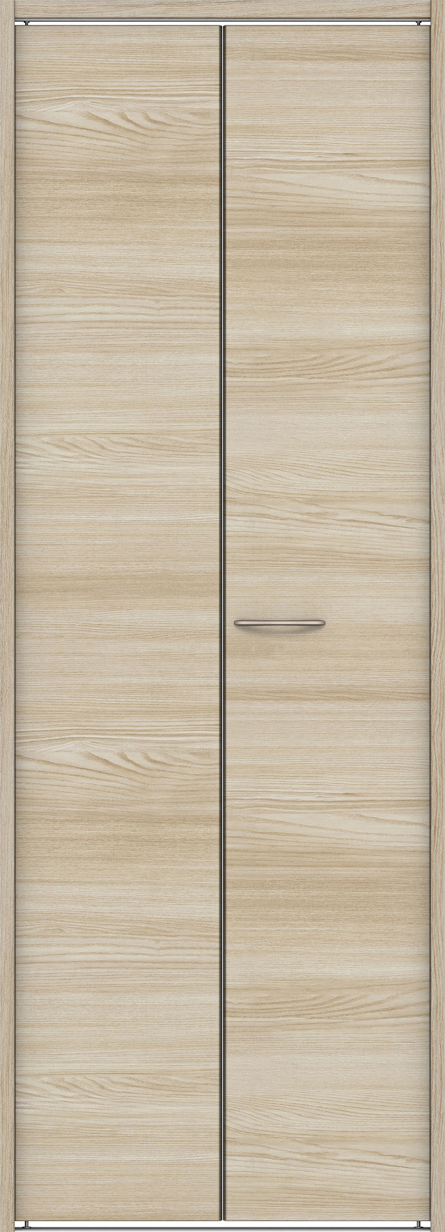 クローク収納　イエリア　折戸ユニット　フラット横木目タイプ　ウッド扉　下レール付三方枠（固定枠）　セット　７３５幅（３尺間口）　２０３５高　〈ソフトグレージュ柄〉　ハンドルラウンド型〈Ｔシルバー色〉