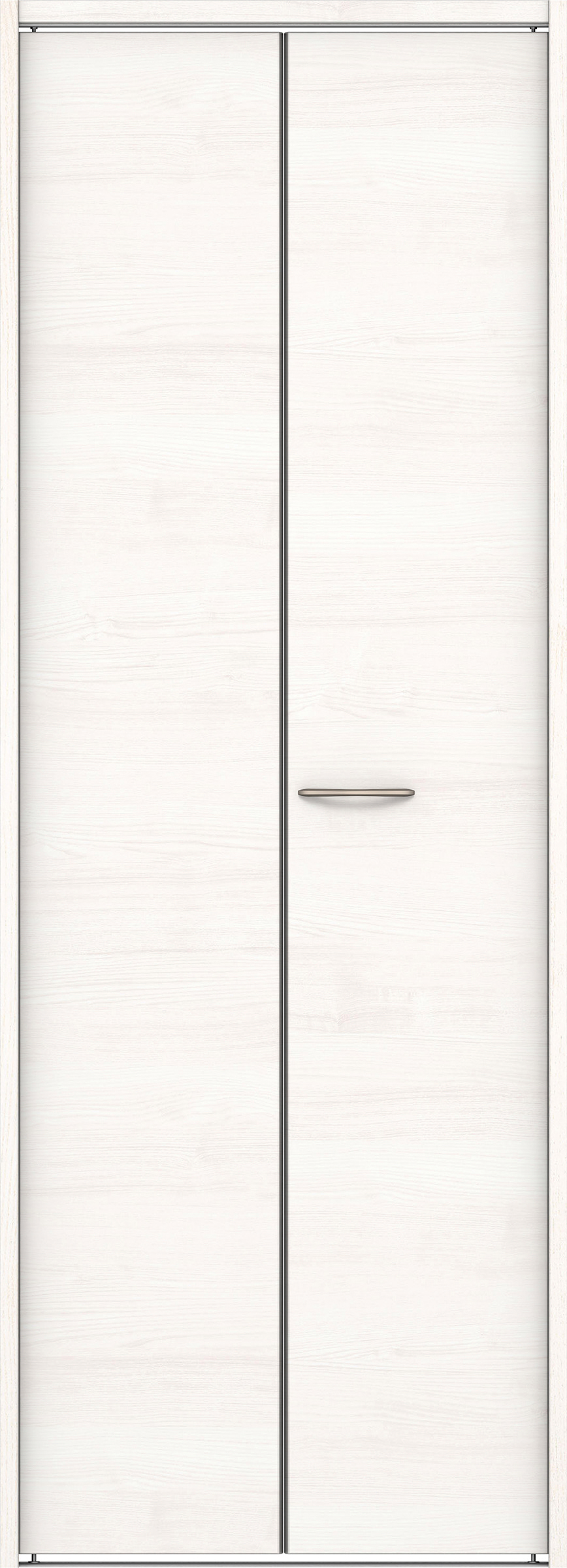 クローク収納　イエリア　折戸ユニット　フラット横木目タイプ　ウッド扉　下レール付三方枠（固定枠）　セット　８２０幅（１Ｍ間口）　２０３５高　〈ネオホワイト柄〉　ハンドルラウンド型〈Ｔシルバー色〉