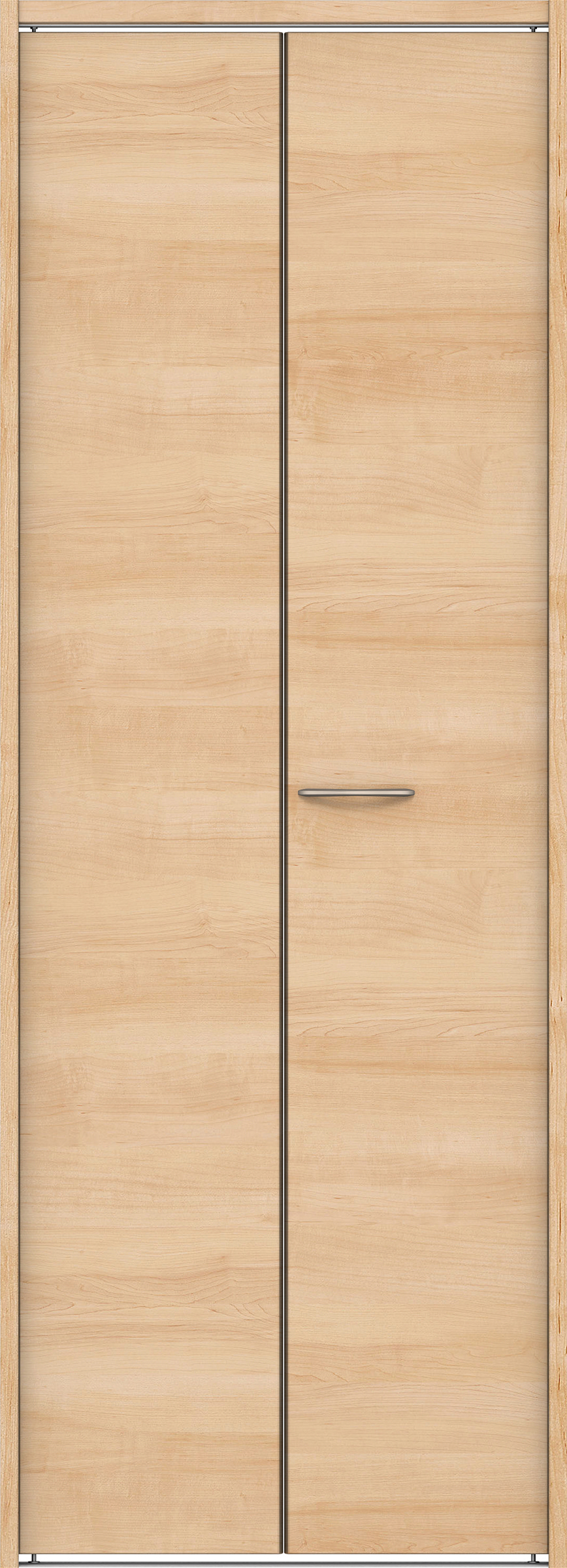 クローク収納　イエリア　折戸ユニット　フラット横木目タイプ　ウッド扉　下レール付三方枠（固定枠）　セット　７３５幅（３尺間口）　２０３５高　〈ミルベージュ柄〉　ハンドルラウンド型〈Ｔシルバー色〉