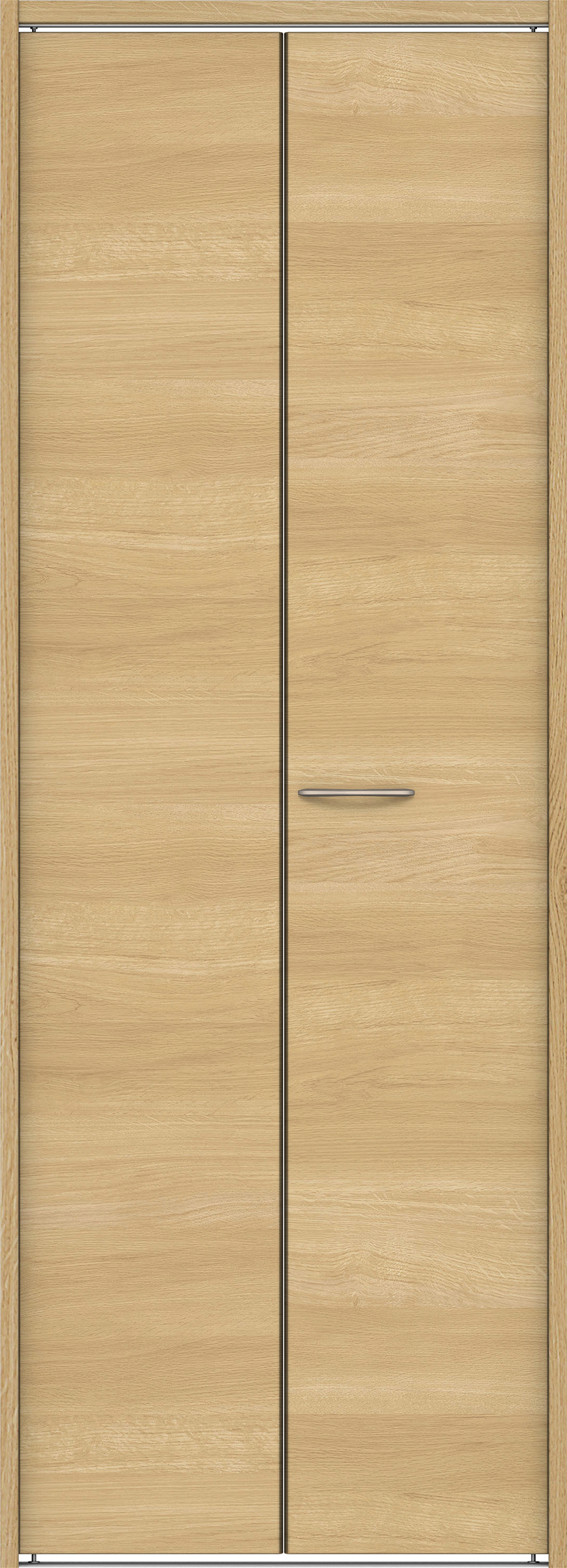 クローク収納　イエリア　折戸ユニット　フラット横木目タイプ　ウッド扉　下レール付三方枠（固定枠）　セット　８２０幅（１Ｍ間口）　２０３５高　〈ライトオーカー柄〉　ハンドルラウンド型〈Ｔシルバー色〉