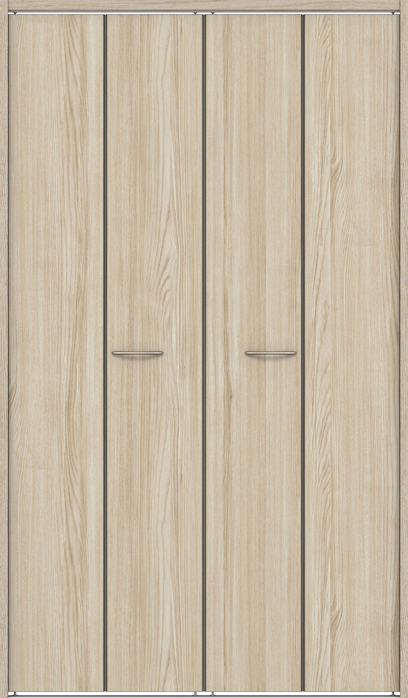 クローク収納　イエリア　折戸ユニット　フラット縦木目　ウッド扉　下レール付三方枠（固定枠）　セット　１３２０幅（１．５Ｍ間口）　２０３５高　〈ソフトグレージュ柄〉　ハンドルラウンド型〈Ｔシルバー色〉