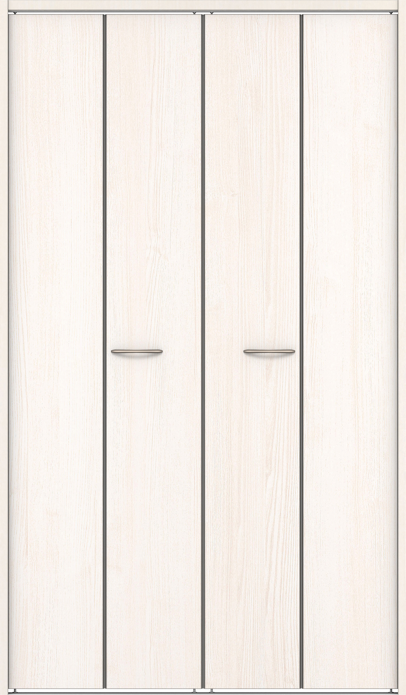 クローク収納　イエリア　折戸ユニット　フラット縦木目タイプ　ウッド扉　下レール付三方枠（固定枠）　セット　１３２０幅（１．５Ｍ間口）　２０３５高　〈ネオホワイト柄〉　ハンドルラウンド型〈Ｔシルバー色〉