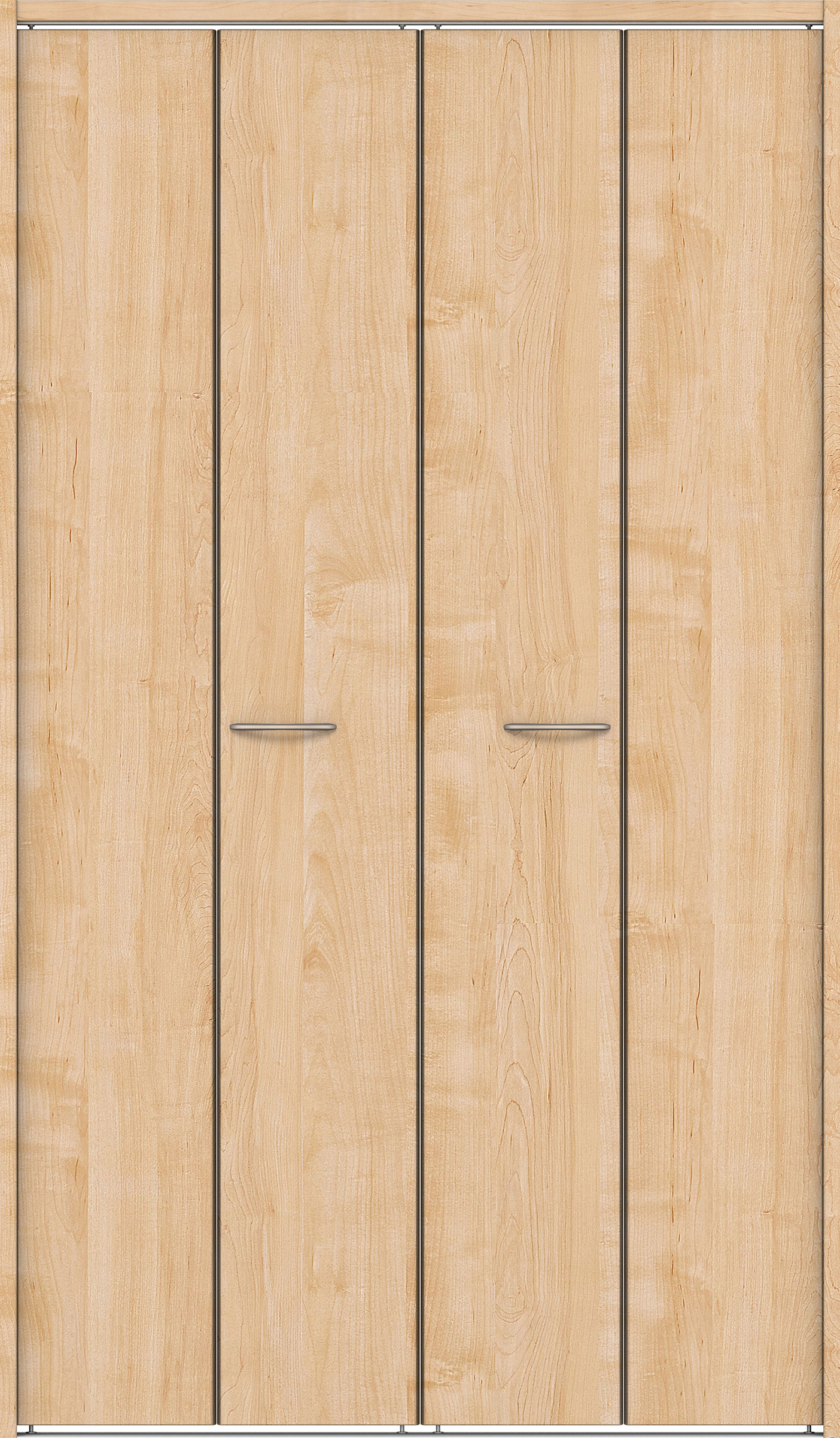 クローク収納　イエリア　折戸ユニット　フラット縦木目タイプ　ウッド扉　下レール付三方枠（固定枠）　セット　１３２０幅（１．５Ｍ間口）　２０３５高　〈ミルベージュ柄〉　ハンドルラウンド型〈Ｔシルバー色〉