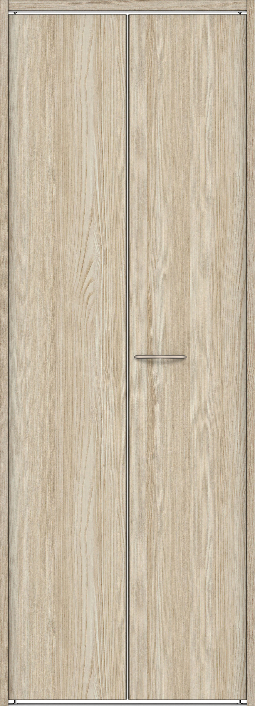 クローク収納　イエリア　折戸ユニット　フラット縦木目タイプ　ウッド扉　下レール付三方枠（固定枠）　セット　７３５幅（３尺間口）　２０３５高　〈ソフトグレージュ柄〉　ハンドルラウンド型〈Ｔシルバー色〉