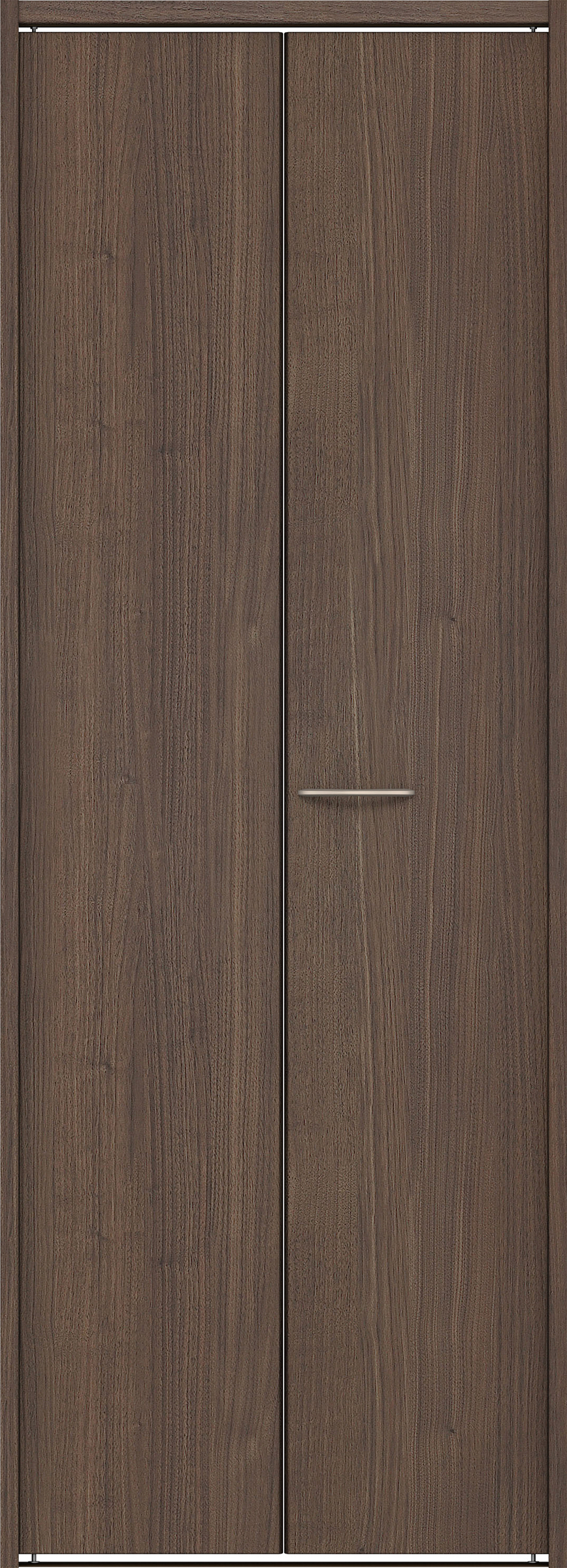 クローク収納　イエリア　折戸ユニット　フラット縦木目タイプ　ウッド扉　下レール付三方枠（固定枠）　セット　７３５幅（３尺間口）　２０３５高　〈ダルブラウン柄〉　ハンドルラウンド型〈Ｔシルバー色〉