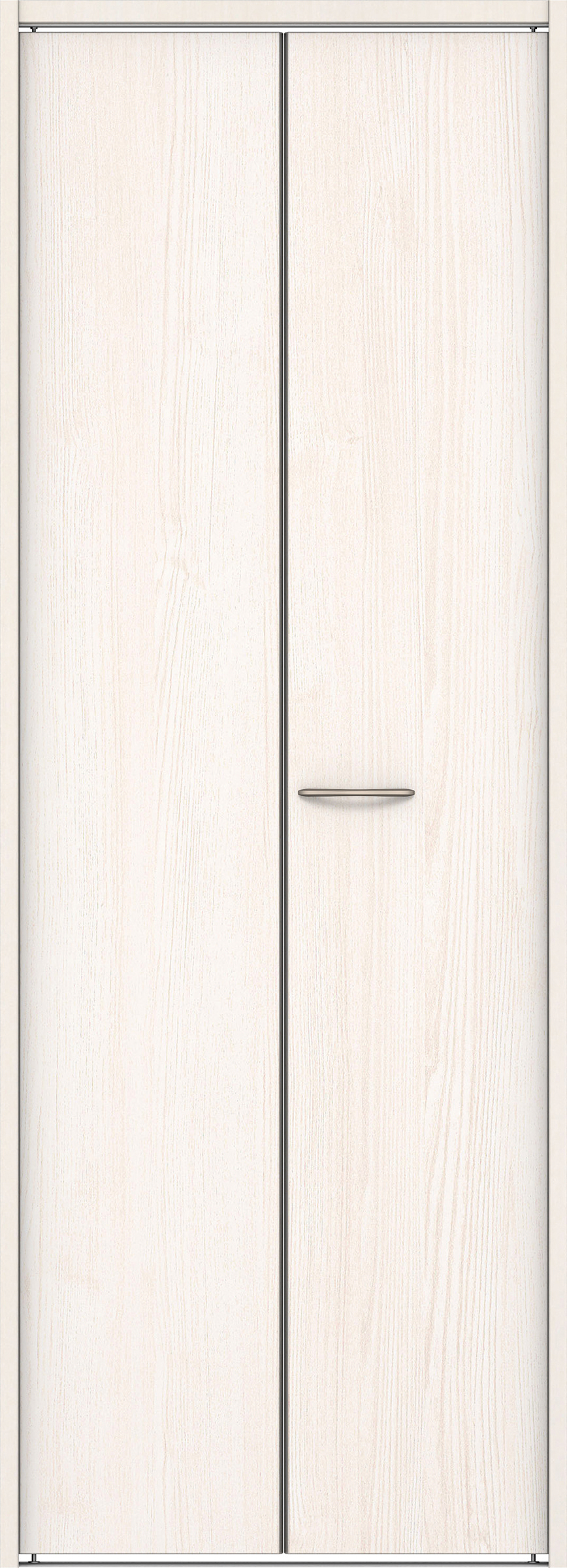 クローク収納　イエリア　折戸ユニット　フラット縦木目タイプ　ウッド扉　下レール付三方枠（固定枠）　セット　７３５幅（３尺間口）　２０３５高　〈ネオホワイト柄〉　ハンドルラウンド型〈Ｔシルバー色〉