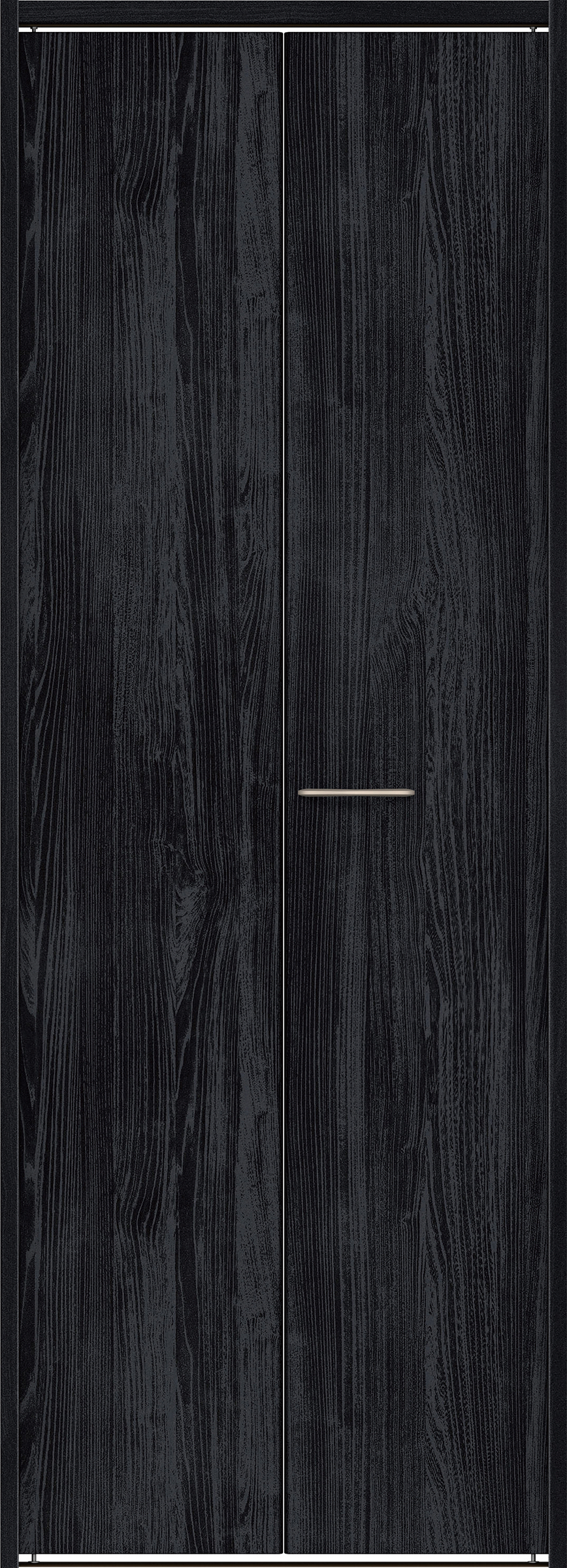 クローク収納　イエリア　折戸ユニット　フラット縦木目タイプ　ウッド扉　下レール付三方枠（固定枠）　セット　８２０幅（１Ｍ間口）　２０３５高　〈モスブラック柄〉　ハンドルラウンド型〈Ｔシルバー色〉