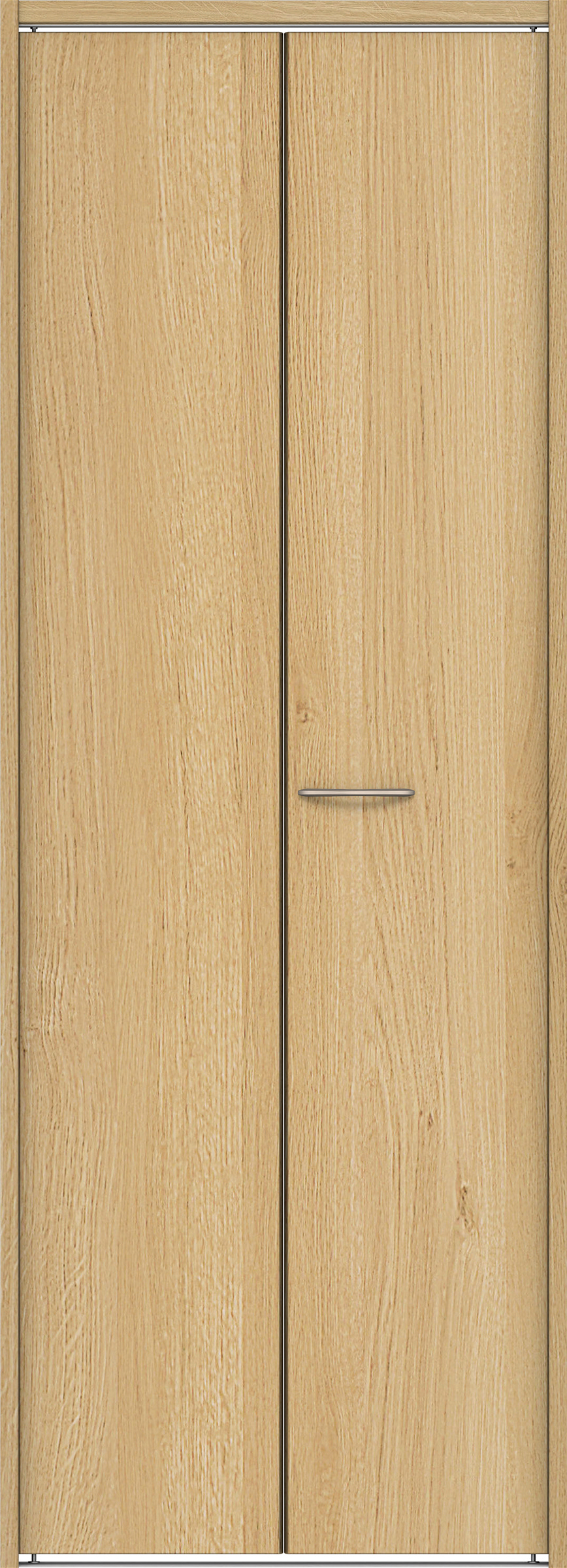 クローク収納　イエリア　折戸ユニット　フラット縦木目タイプ　ウッド扉　下レール付三方枠（固定枠）　セット　８２０幅（１Ｍ間口）　２０３５高　〈ライトオーカー柄〉　ハンドルラウンド型〈Ｔシルバー色〉