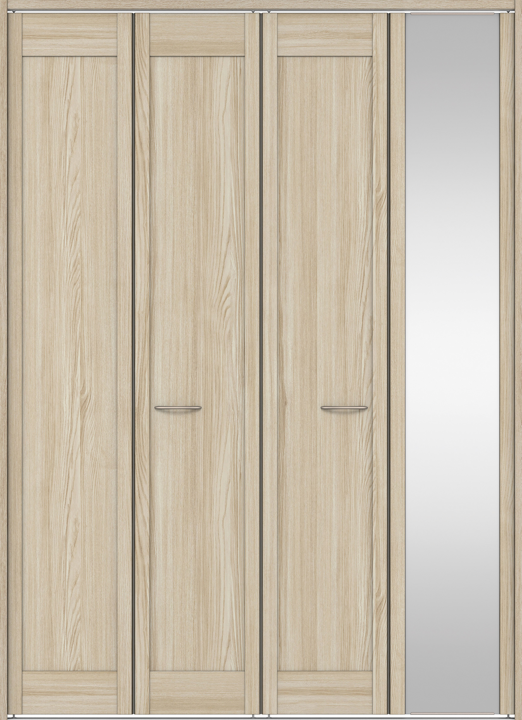 クローク収納　イエリア　折戸ユニット　カマチタイプ　ミラー扉　下レール付三方枠（固定枠）　セット　１６８０幅（６尺間口）　２３２０高　〈ソフトグレージュ柄〉　ハンドルラウンド型〈Ｔシルバー色〉