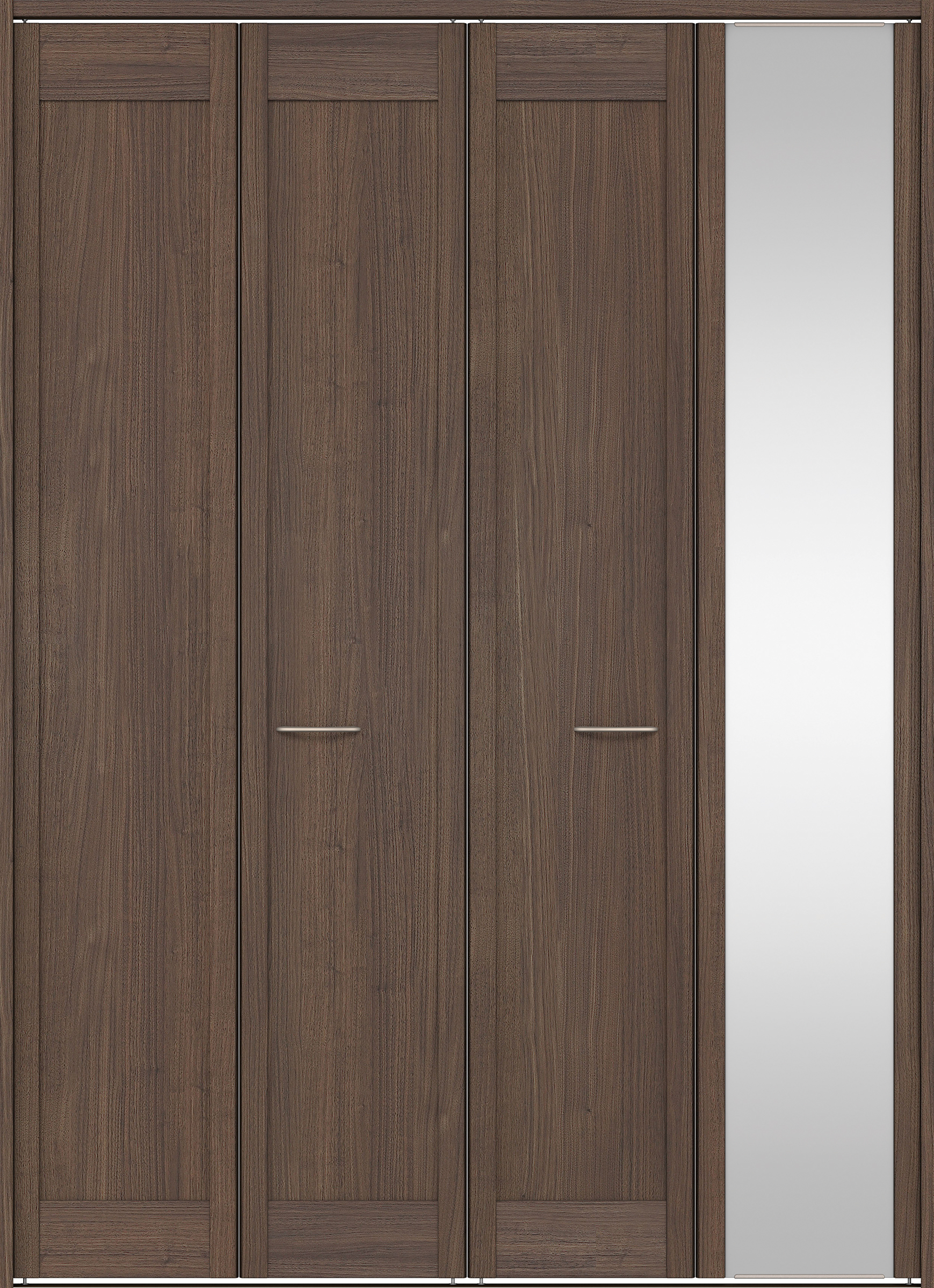 クローク収納　イエリア　折戸ユニット　カマチタイプ　ミラー扉　下レール付三方枠（固定枠）　セット　１６８０幅（６尺間口）　２３２０高　〈ダルブラウン柄〉　ハンドルラウンド型〈Ｔシルバー色〉