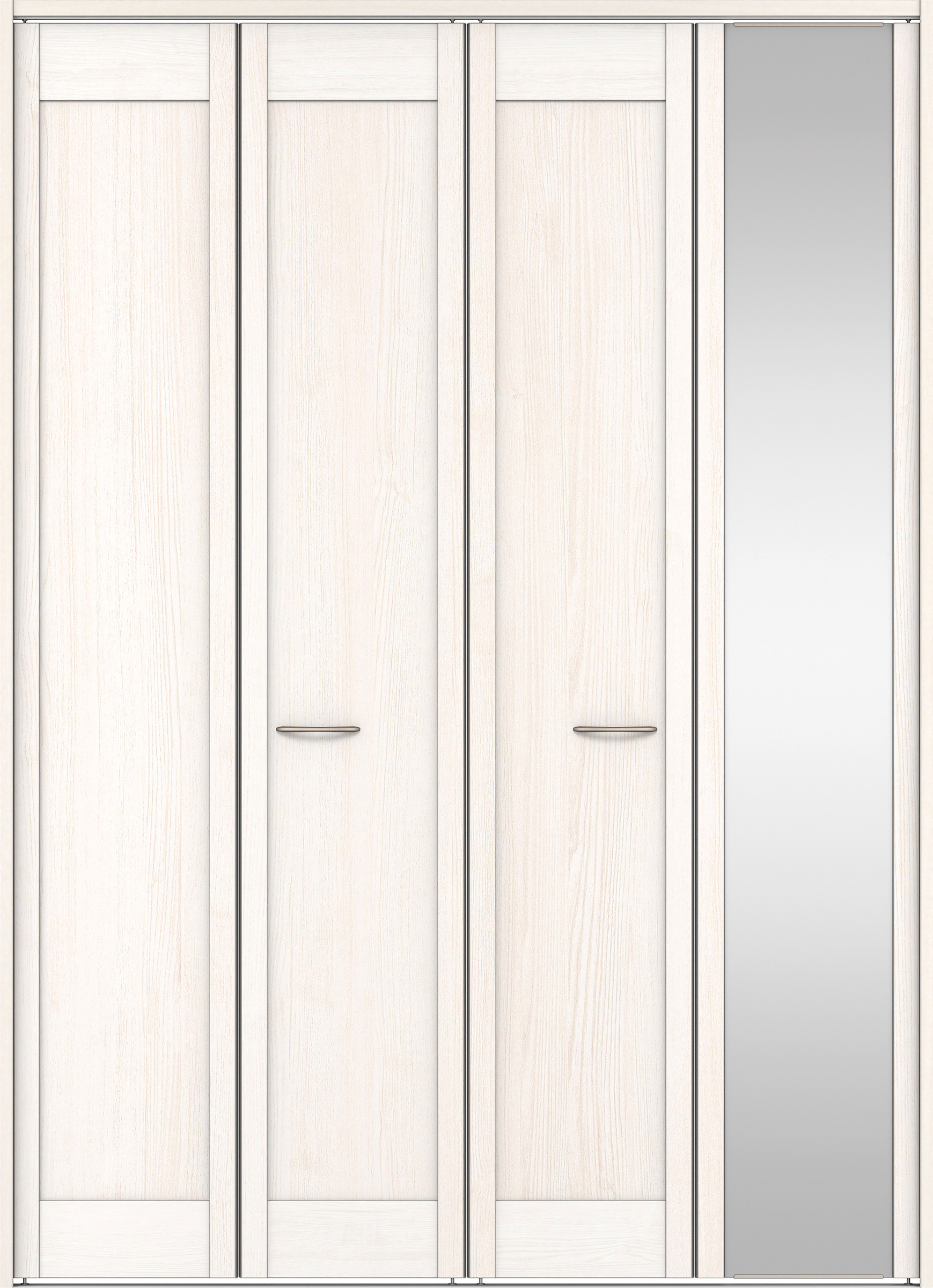 クローク収納　イエリア　折戸ユニット　カマチタイプ　ミラー扉　下レール付三方枠（固定枠）　セット　１６８０幅（６尺間口）　２３２０高　〈ネオホワイト柄〉　ハンドルラウンド型〈Ｔシルバー色〉