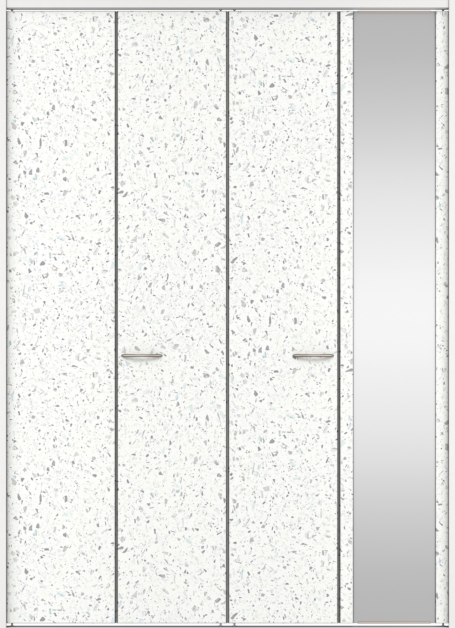 クローク収納　イエリア　折戸ユニット　フラットタイプ　ミラー扉　下レール付三方枠（固定枠）　セット　１６８０幅（６尺間口）　２３２０高　〈テラゾホワイト柄〉　ハンドルラウンド型〈ブラック色〉