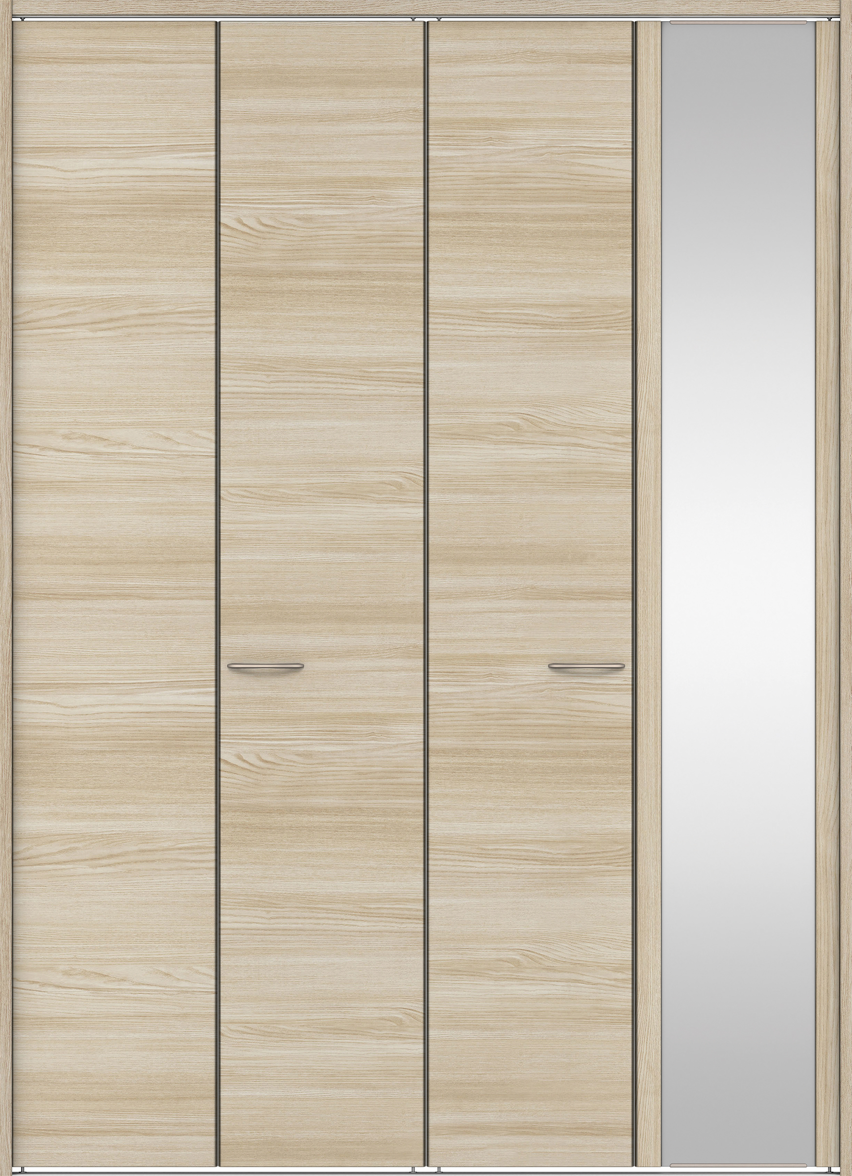 クローク収納　イエリア　折戸ユニット　フラット横木目タイプ　ミラー扉　下レール付三方枠（固定枠）　セット　１８２０幅（２Ｍ間口）　２３２０高　〈ソフトグレージュ柄〉　ハンドルラウンド型〈Ｔシルバー色〉