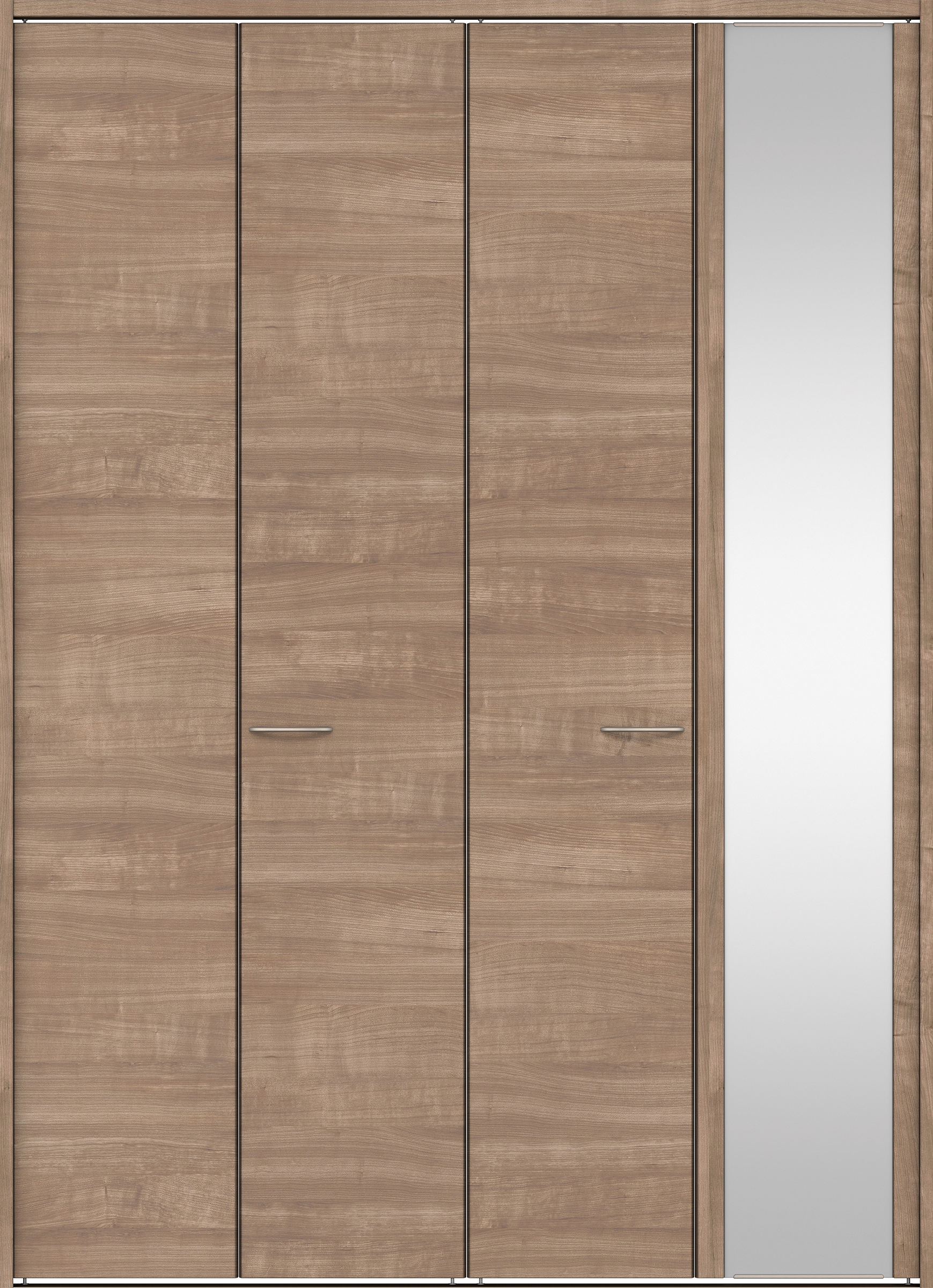 クローク収納　イエリア　折戸ユニット　フラット横木目タイプ　ミラー扉　下レール付三方枠（固定枠）　セット　１８２０幅（２Ｍ間口）　２３２０高　〈トープグレー柄〉　ハンドルラウンド型〈Ｔシルバー色〉