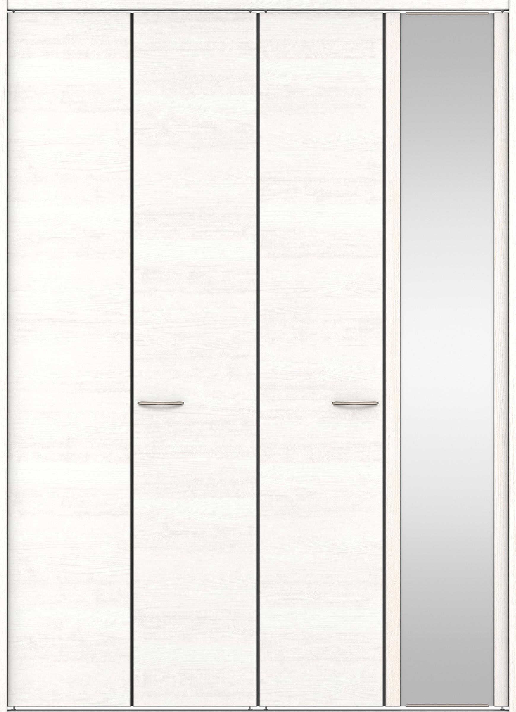 クローク収納　イエリア　折戸ユニット　フラット横木目タイプ　ミラー扉　下レール付三方枠（固定枠）　セット　１８２０幅（２Ｍ間口）　２３２０高　〈ネオホワイト柄〉　ハンドルラウンド型〈Ｔシルバー色〉