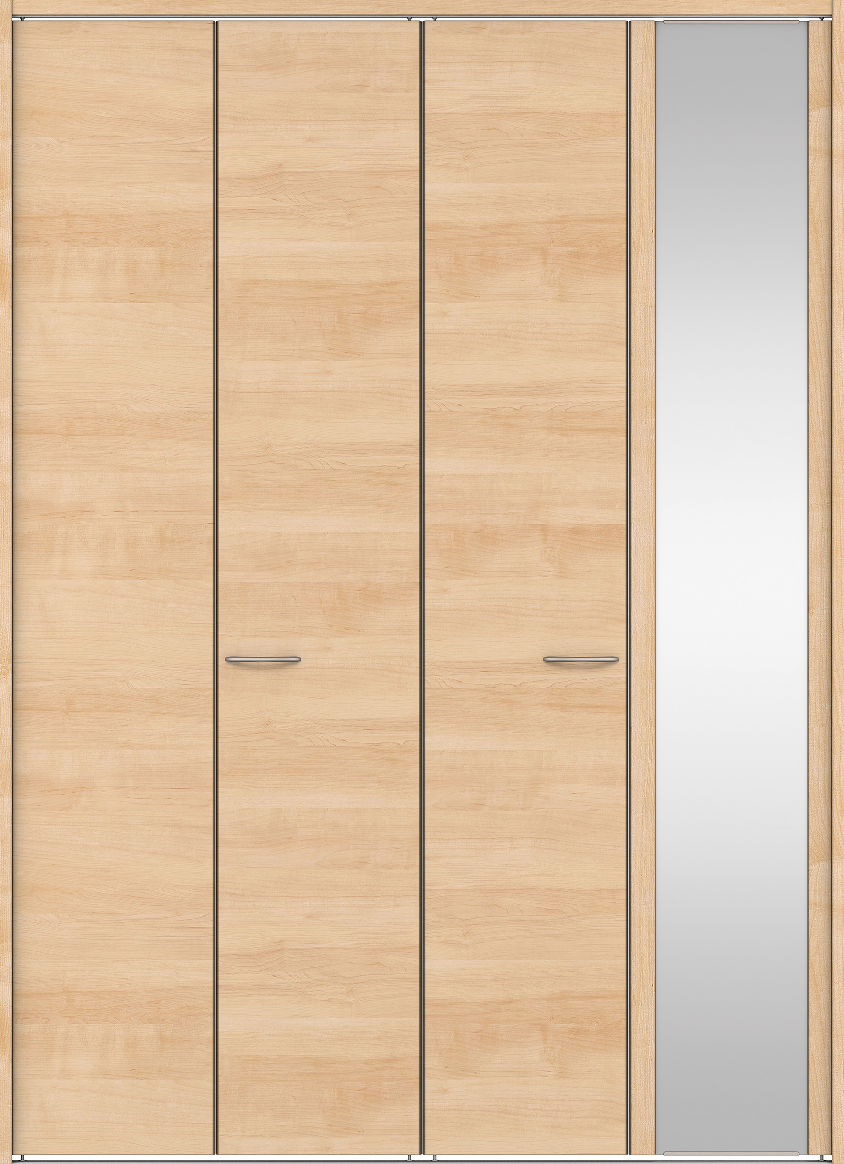 クローク収納　イエリア　折戸ユニット　フラット横木目タイプ　ミラー扉　下レール付三方枠（固定枠）　セット　１８２０幅（２Ｍ間口）　２３２０高　〈ミルベージュ柄〉　ハンドルラウンド型〈Ｔシルバー色〉