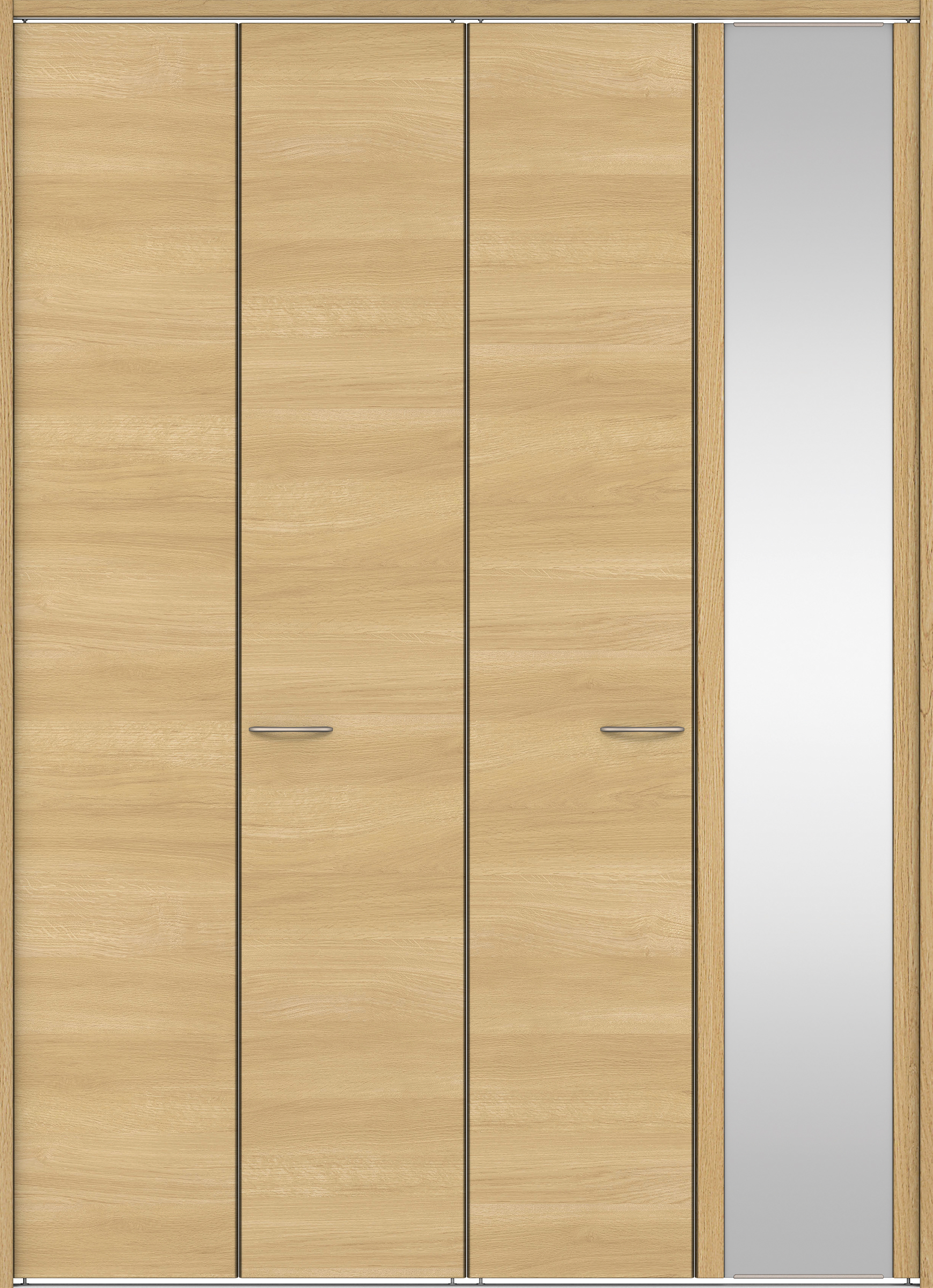 クローク収納　イエリア　折戸ユニット　フラット横木目タイプ　ミラー扉　下レール付三方枠（固定枠）　セット　１８２０幅（２Ｍ間口）　２３２０高　〈ライトオーカー柄〉　ハンドルラウンド型〈Ｔシルバー色〉