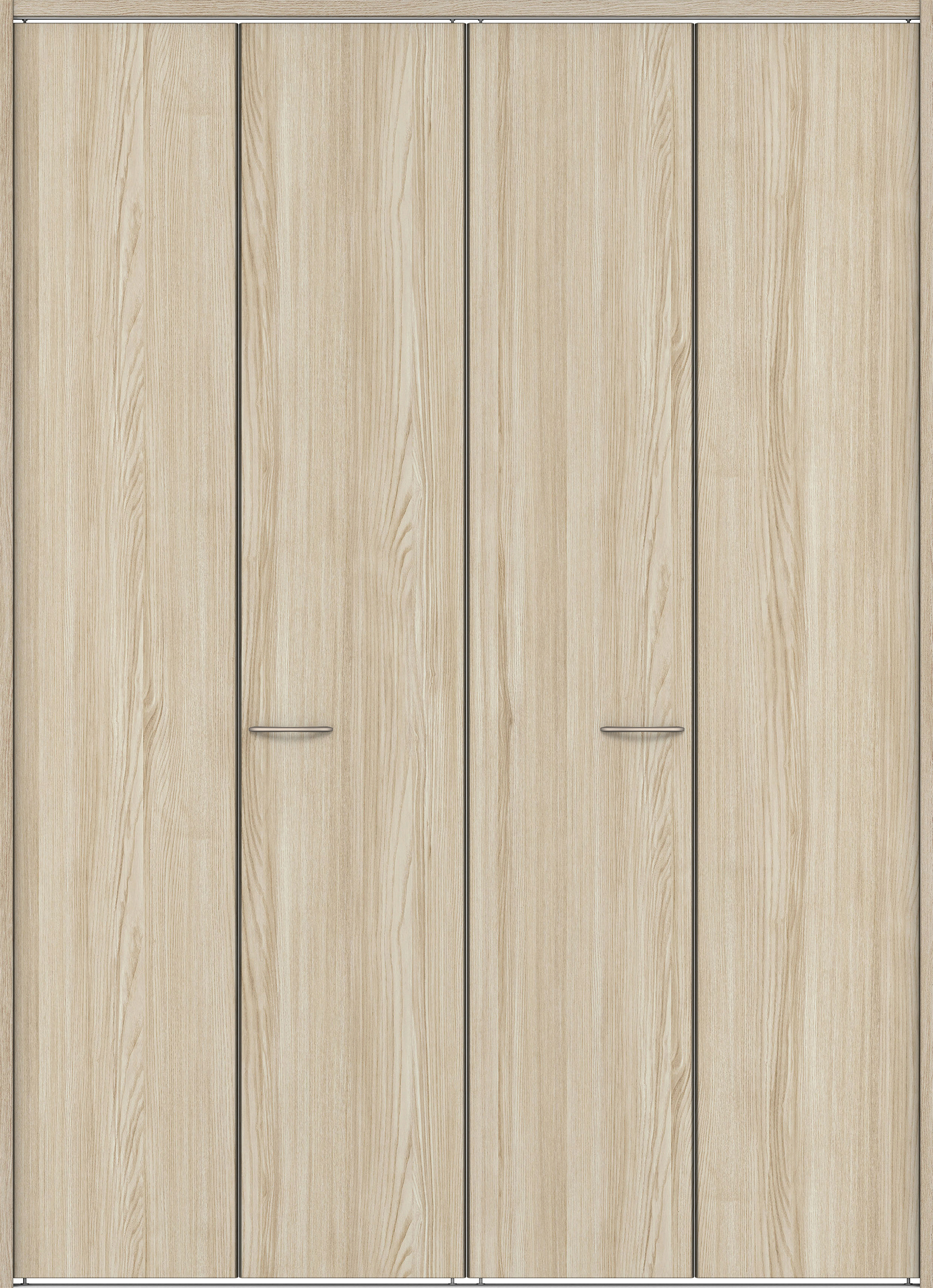 クローク収納　イエリア　折戸ユニット　フラット縦木目タイプ　ウッド扉　下レール付三方枠（固定枠）　セット　１８２０幅（２Ｍ間口）　２３２０高　〈ソフトグレージュ柄〉　ハンドルラウンド型〈Ｔシルバー色〉