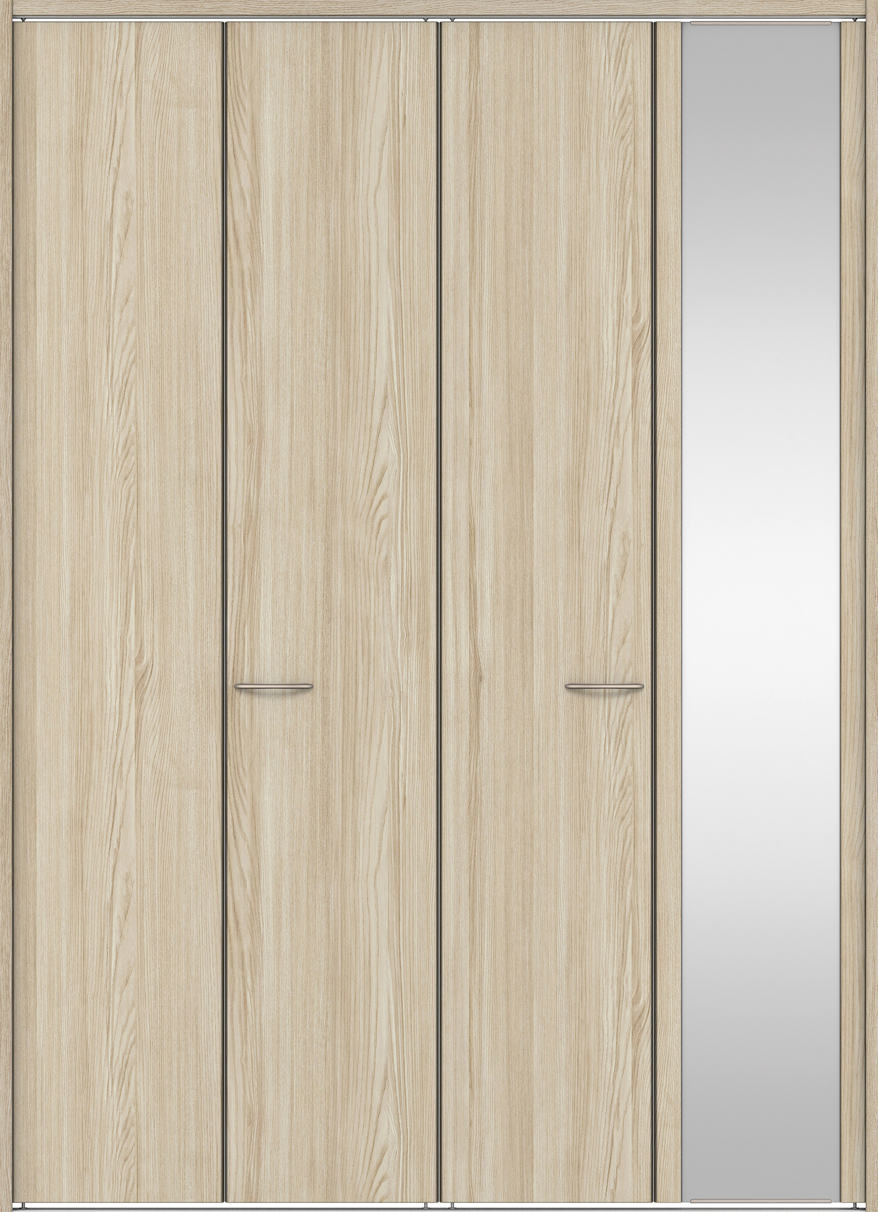 クローク収納　イエリア　折戸ユニット　フラット縦木目　ミラー扉　下レール付三方枠（固定枠）　セット　１６４４幅（６尺小間口）　２３２０高　〈ソフトグレージュ柄〉　ハンドルラウンド型〈Ｔシルバー色〉