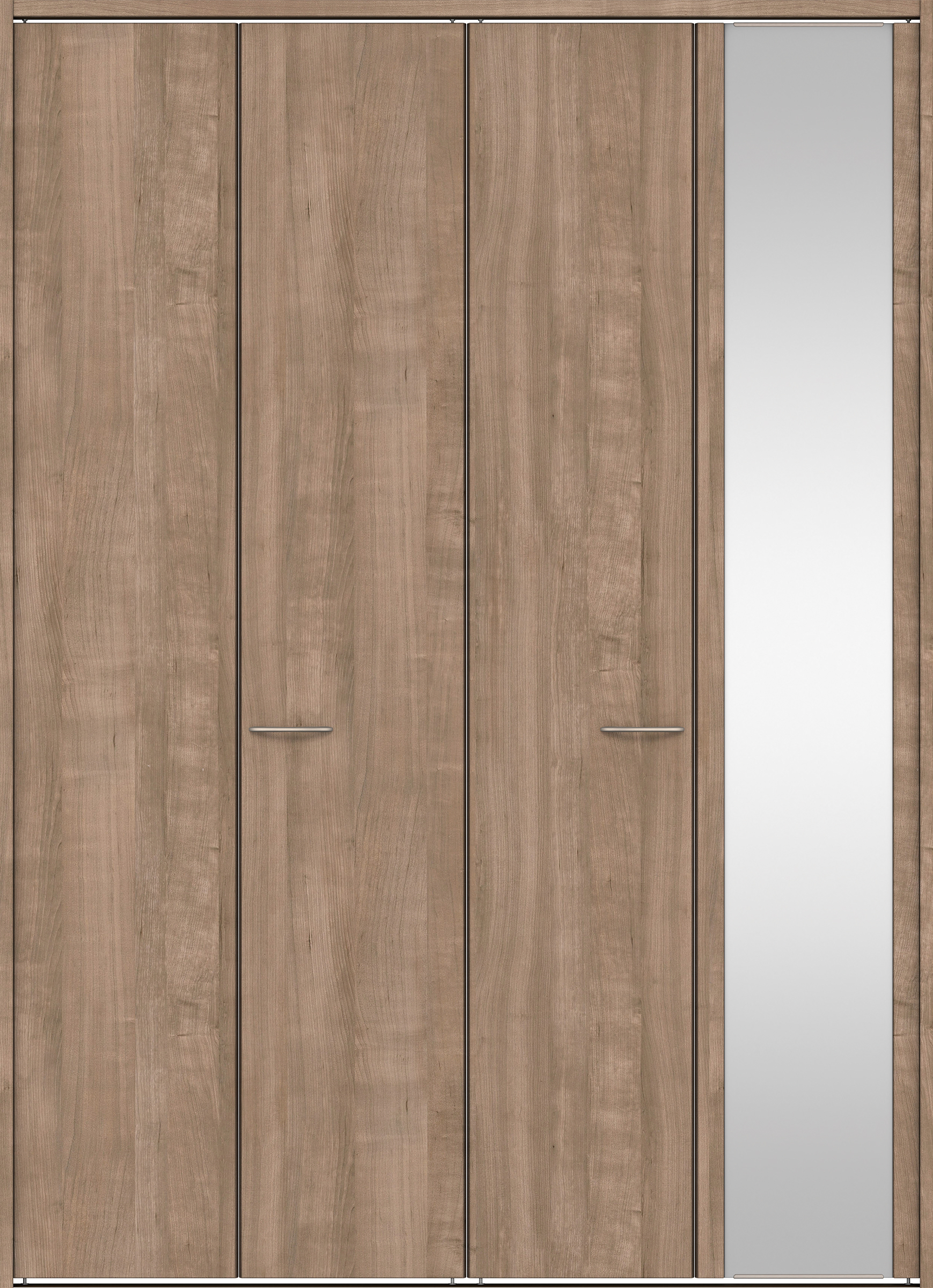 クローク収納　イエリア　折戸ユニット　フラット縦木目タイプ　ミラー扉　下レール付三方枠（固定枠）　セット　１６４４幅（６尺小間口）　２３２０高　〈トープグレー柄〉　ハンドルラウンド型〈Ｔシルバー色〉