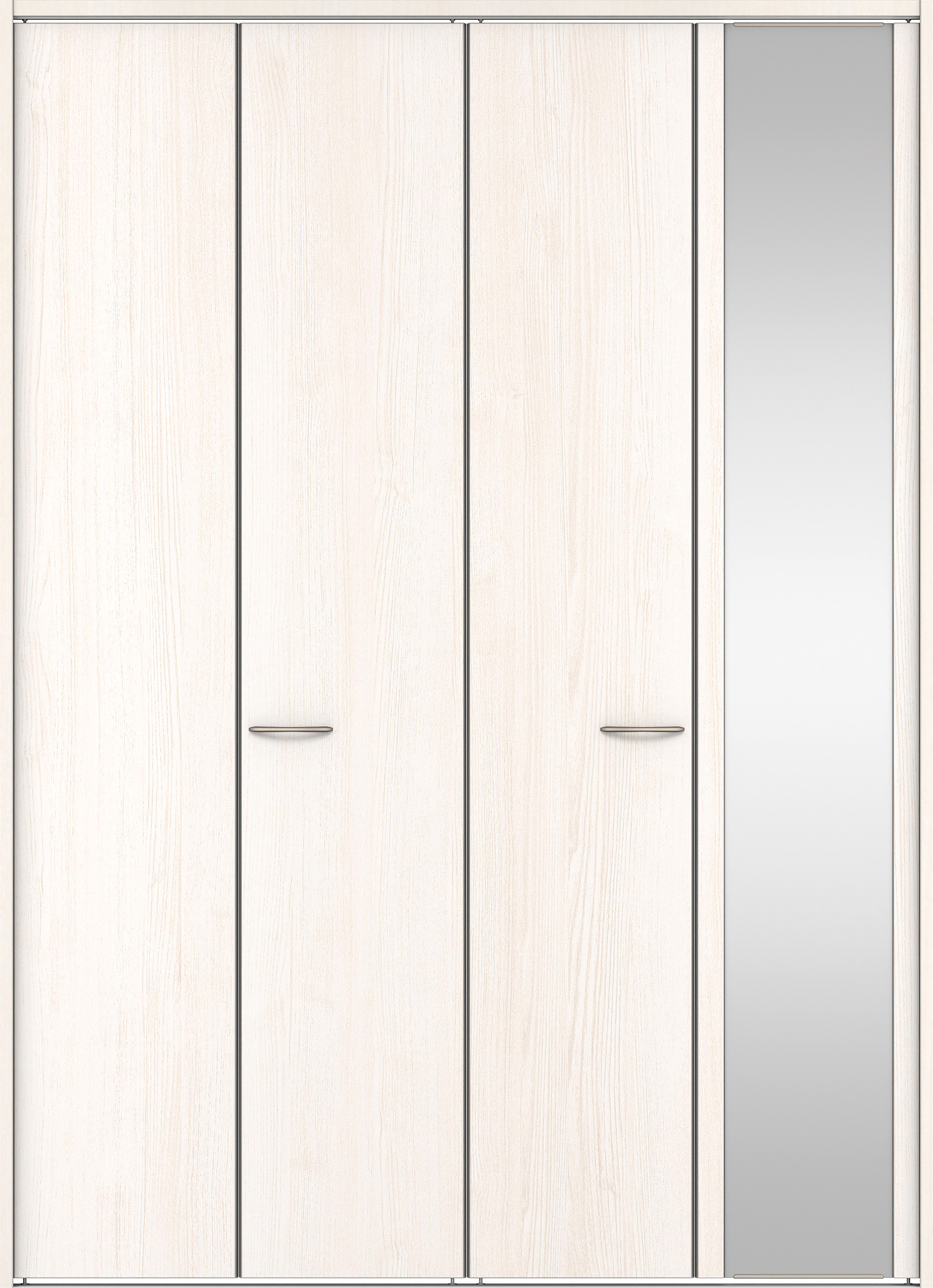 クローク収納　イエリア　折戸ユニット　フラット縦木目タイプ　ミラー扉　下レール付三方枠（固定枠）　セット　１６４４幅（６尺小間口）　２３２０高　〈ネオホワイト柄〉　ハンドルラウンド型〈Ｔシルバー色〉