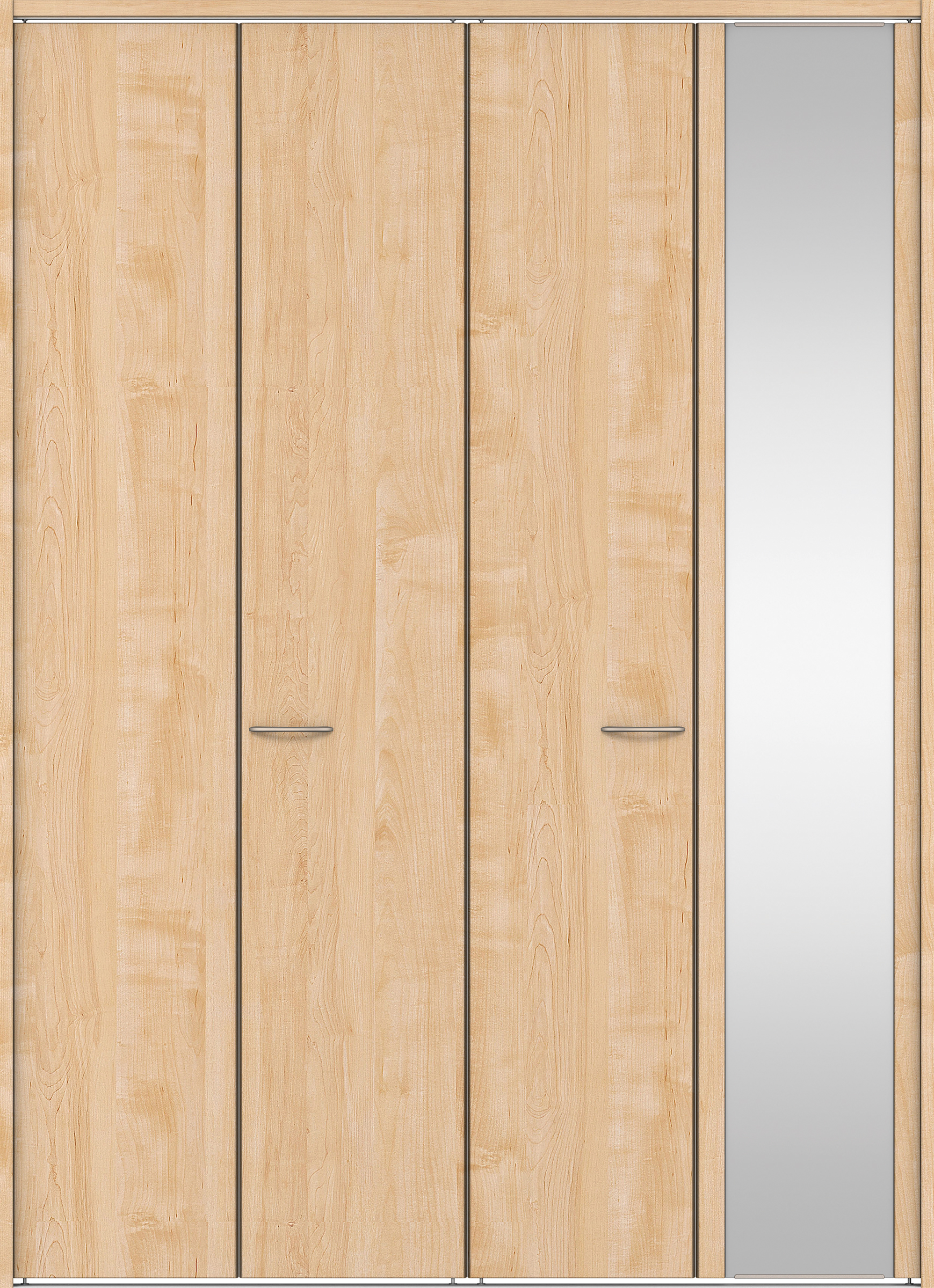 クローク収納　イエリア　折戸ユニット　フラット縦木目タイプ　ミラー扉　下レール付三方枠（固定枠）　セット　１８２０幅（２Ｍ間口）　２３２０高　〈ミルベージュ柄〉　ハンドルラウンド型〈Ｔシルバー色〉