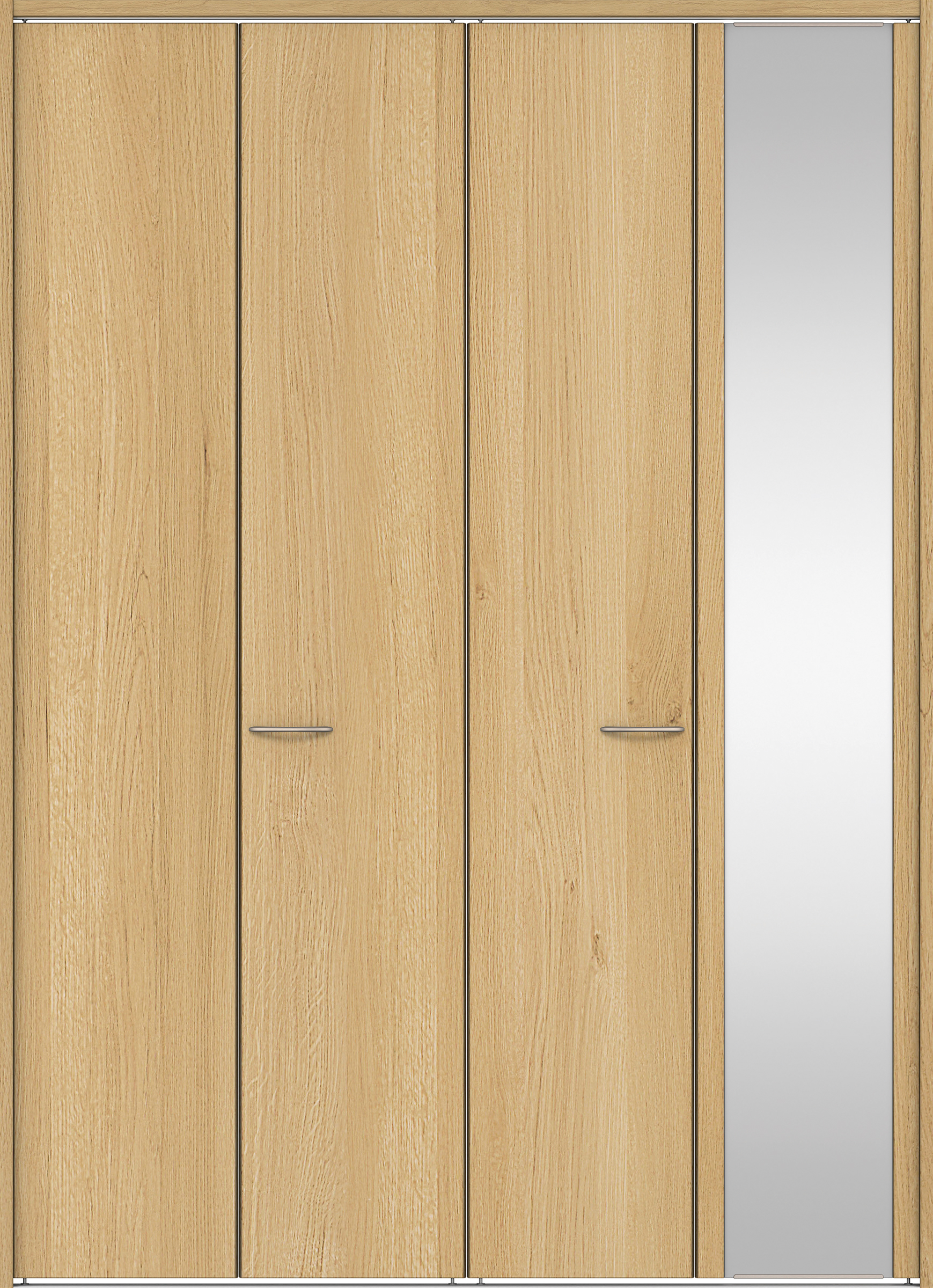 クローク収納　イエリア　折戸ユニット　フラット縦木目タイプ　ミラー扉　下レール付三方枠（固定枠）　セット　１６８０幅（６尺間口）　２３２０高　〈ライトオーカー柄〉　ハンドルラウンド型〈Ｔシルバー色〉