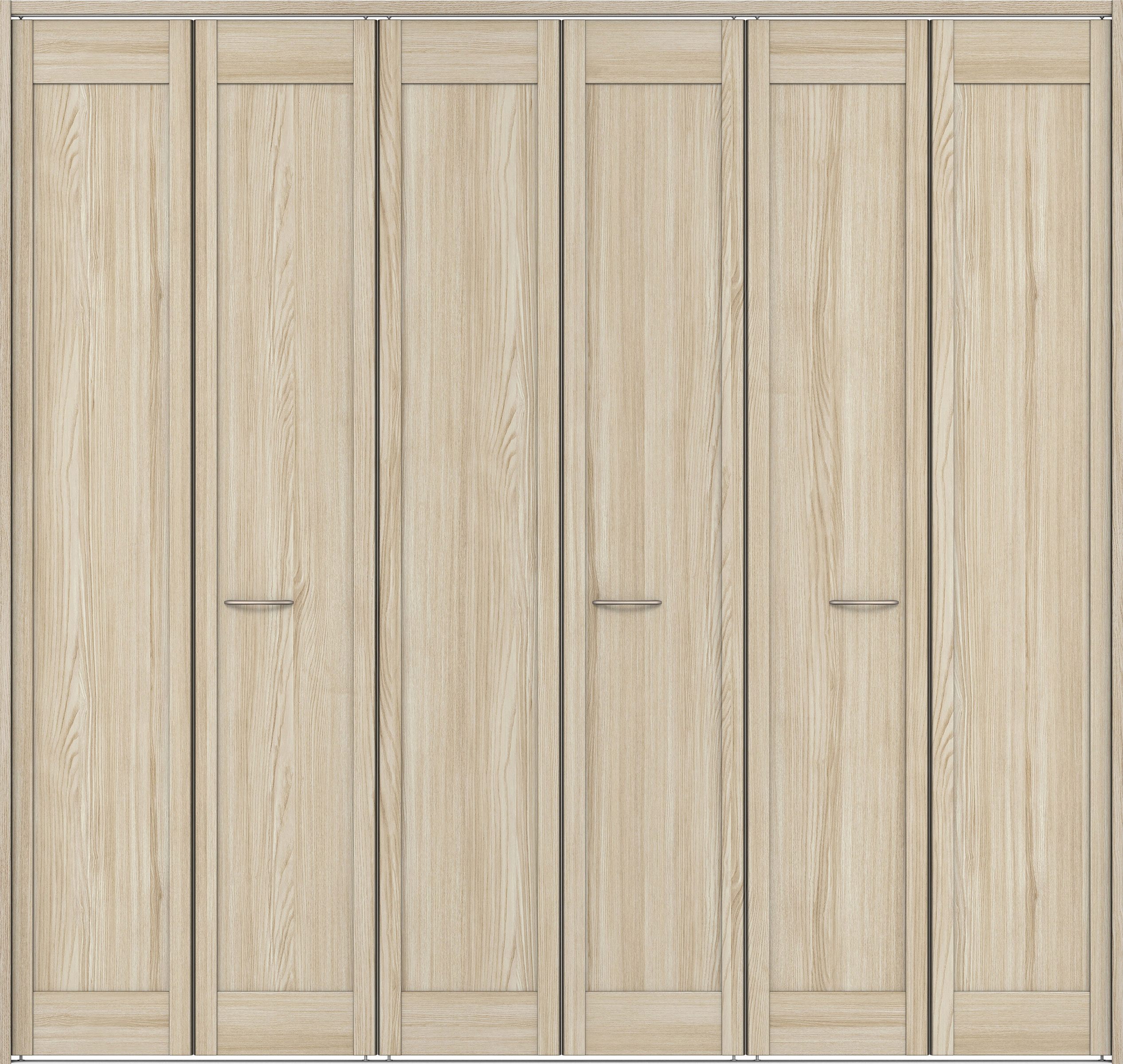 クローク収納　イエリア　折戸ユニット　カマチタイプ　ウッド扉　下レール付三方枠（固定枠）　セット　２４５０幅（９尺間口）　２３２０高　〈ソフトグレージュ柄〉　ハンドルラウンド型〈Ｔシルバー色〉