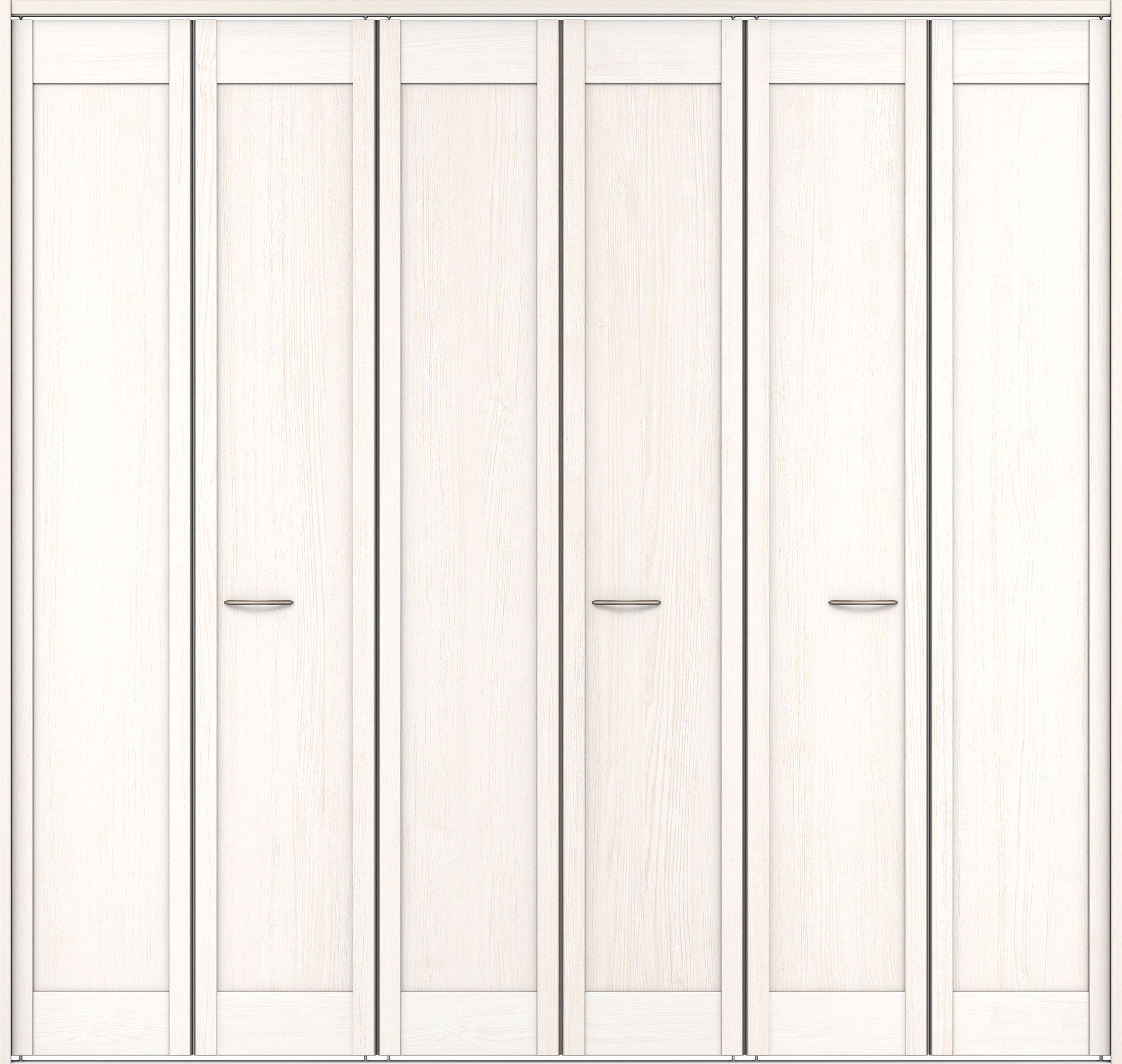 クローク収納　イエリア　折戸ユニット　カマチタイプ　ウッド扉　下レール付三方枠（固定枠）　セット　２４５０幅（９尺間口）　２３２０高　〈ネオホワイト柄〉　ハンドルラウンド型〈Ｔシルバー色〉