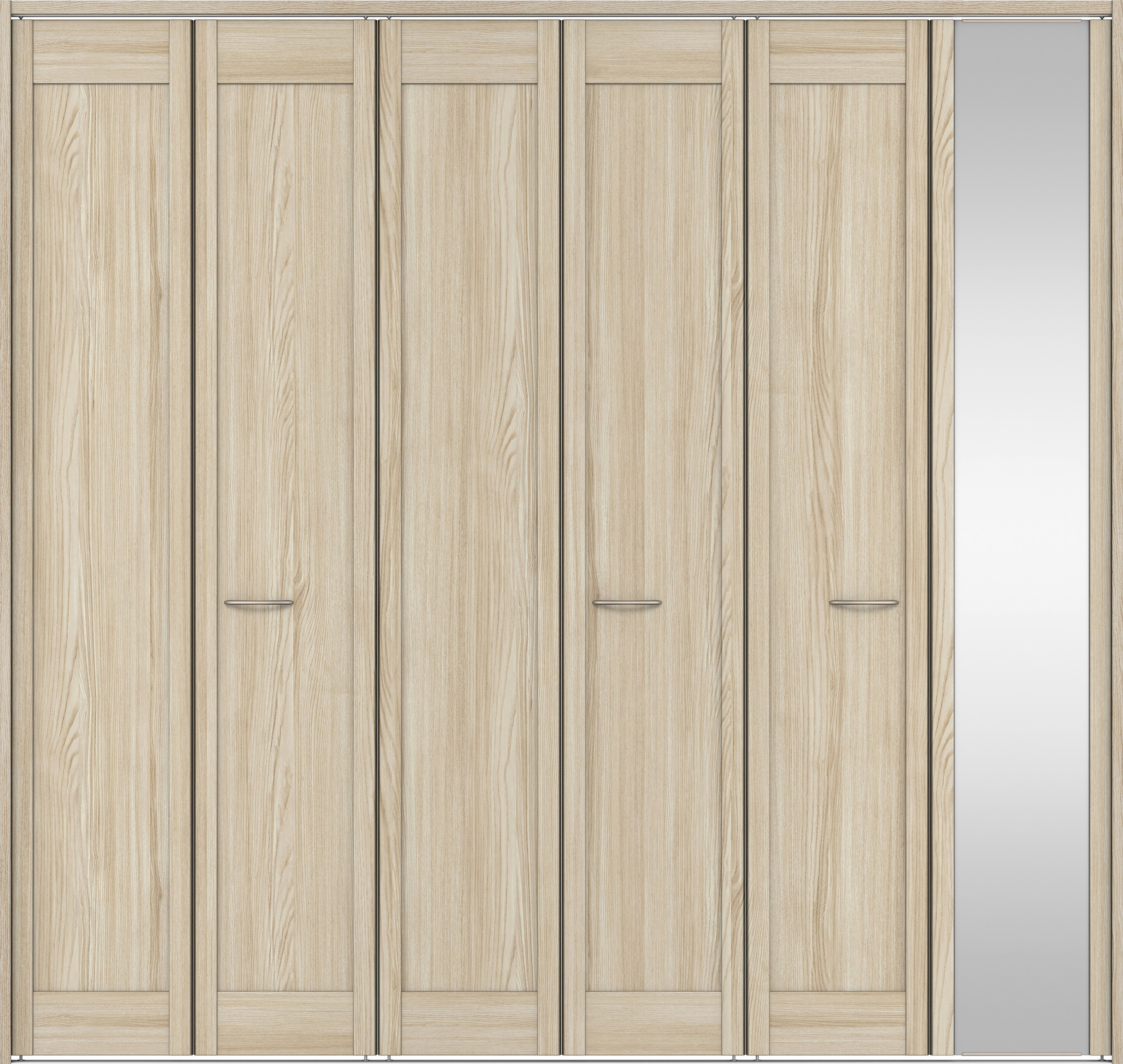 クローク収納　イエリア　折戸ユニット　カマチタイプ　ミラー扉　下レール付三方枠（固定枠）　セット　２４５０幅（９尺間口）　２３２０高　〈ソフトグレージュ柄〉　ハンドルラウンド型〈Ｔシルバー色〉