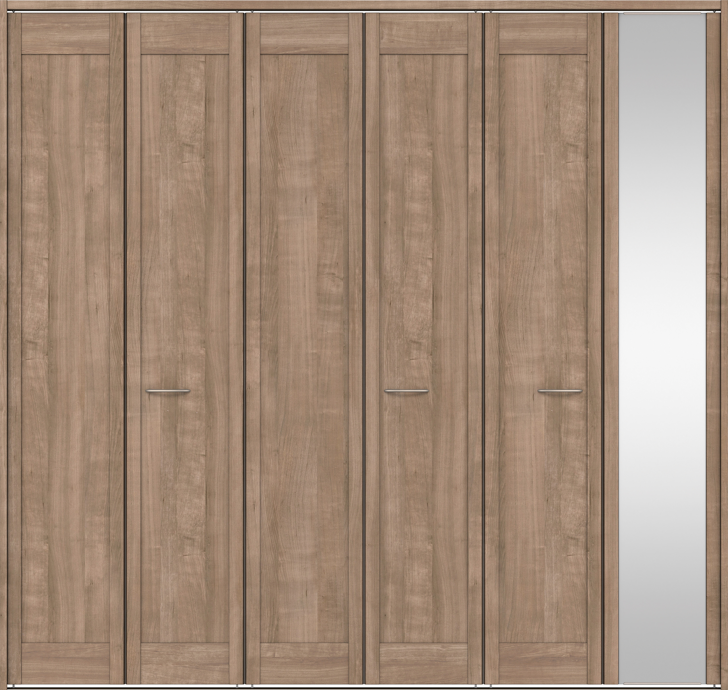 クローク収納　イエリア　折戸ユニット　カマチタイプ　ミラー扉　下レール付三方枠（固定枠）　セット　２４５０幅（９尺間口）　２３２０高　〈トープグレー柄〉　ハンドルラウンド型〈Ｔシルバー色〉